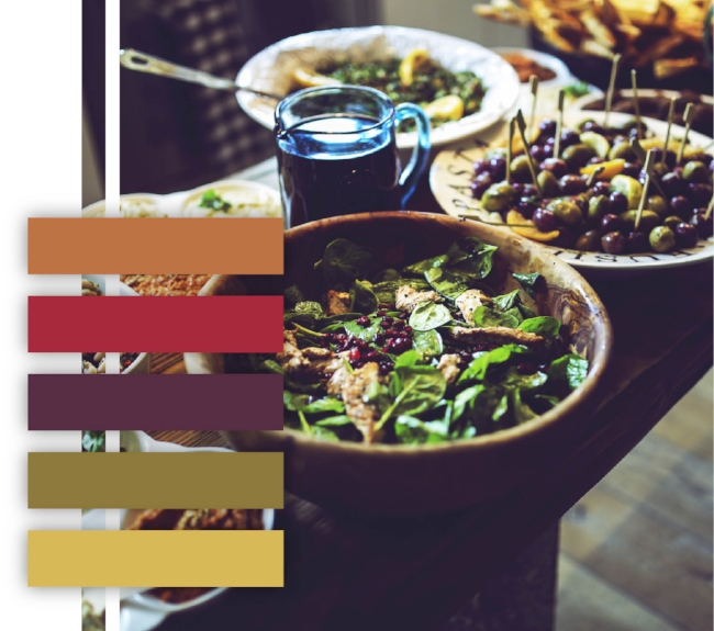 Salad color palette, rustic color scheme, neutral colors, dinner table, orange, red, purple, green, lime