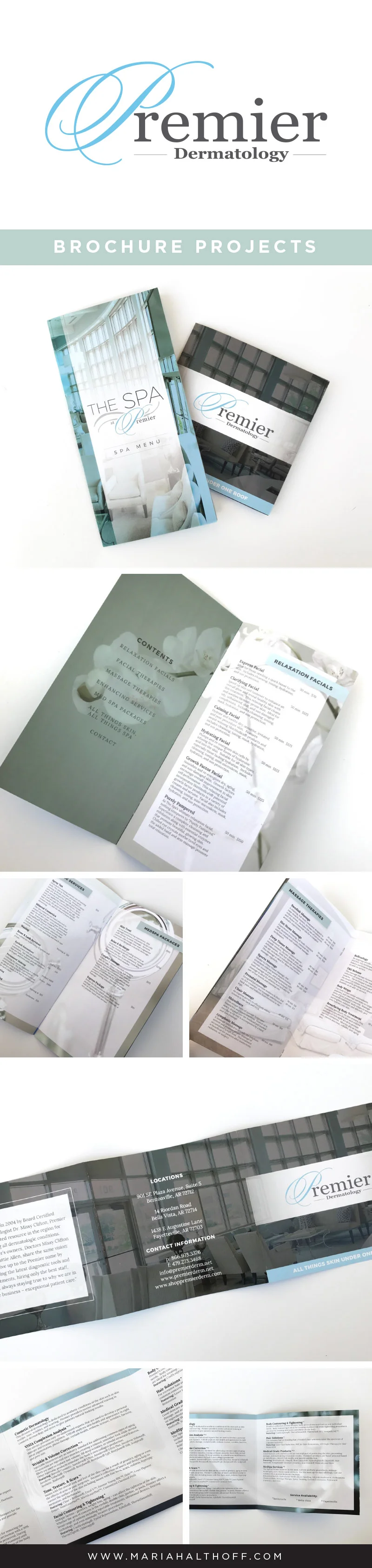 Brochure graphic design, design layout, multi-page brochure, square trifold brochure design for Premier Dermatology – designed by Mariah Althoff.