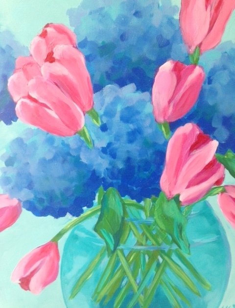 HYDRANGEA AND TULIPS IN TURQUOISE
