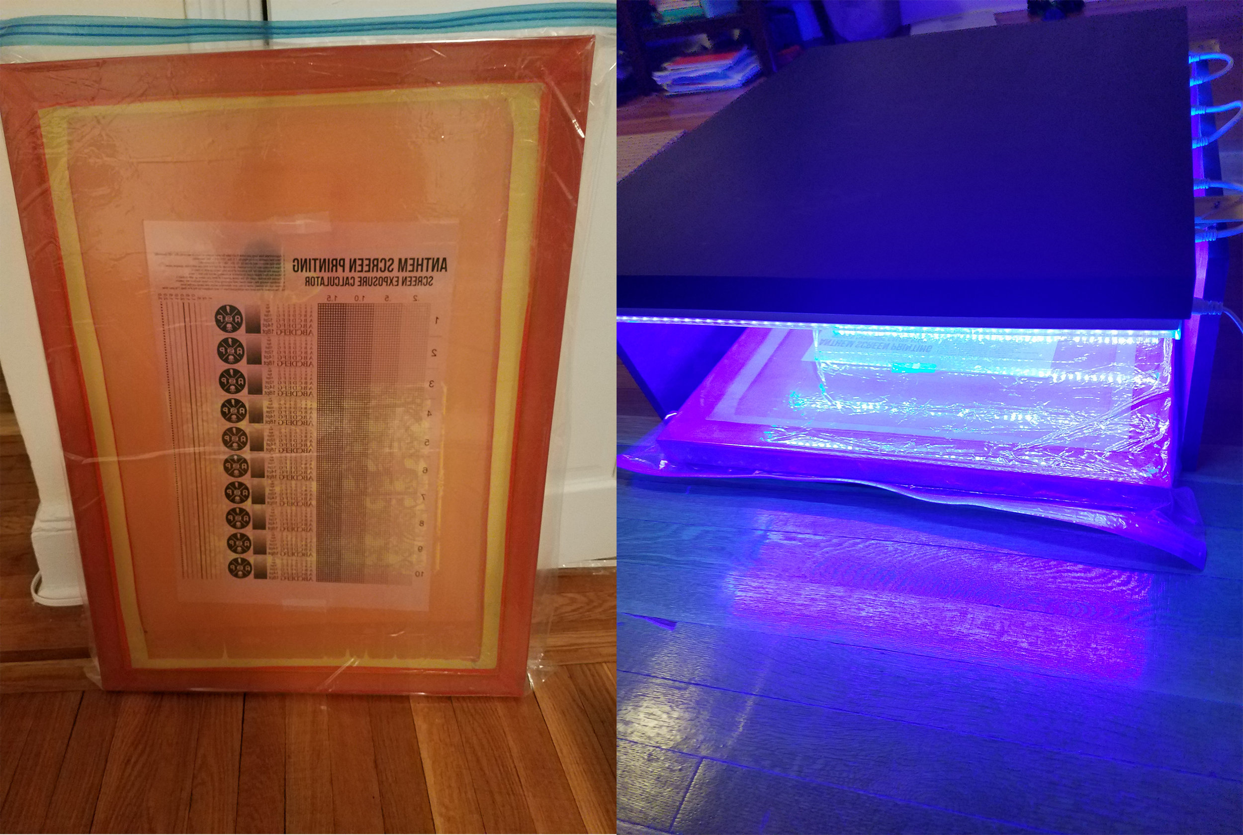 I'm able to store all 8 23" x 31" screens in my closet and use a photo safe bulb in a bedside lamp to use my bedroom as a dark room. 1 bedroom apartment, what can you do? Instead of using glass to keep my films flat I use vacuum sealed space saver bags and slide the screen underneath my lights to expose my screens. I'm currently working with 10-15 second burn times. I get an easy showerhead blowout and so far some amazing detail as pictured in the heart below.