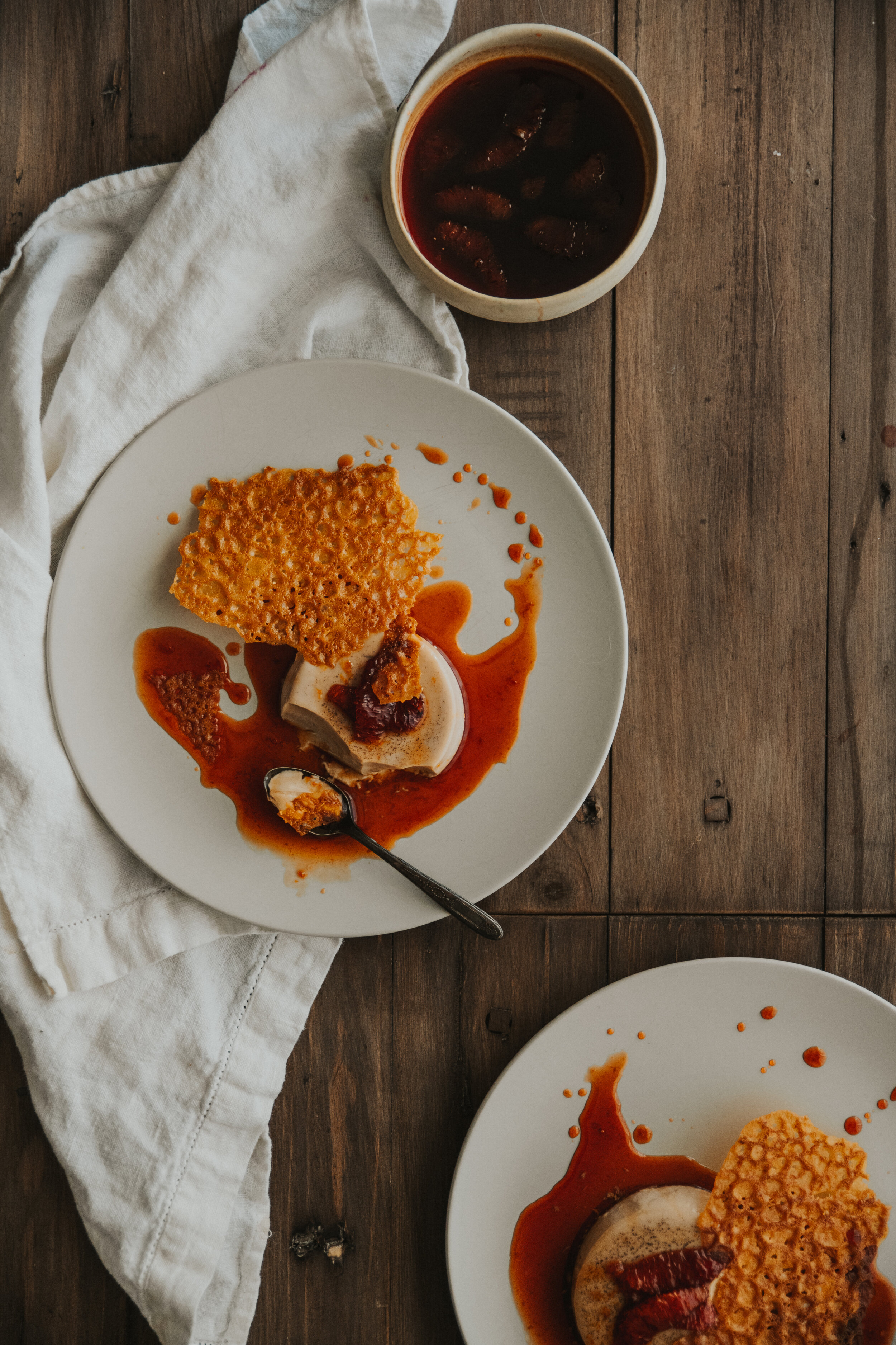 Coffee Panna Cotta with Blood Orange Caramel and Honey Tuile