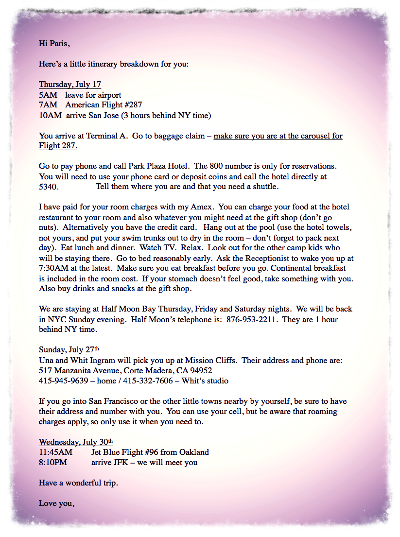 Caroline's Memo to Paris, in reference to his trip to San Francisco