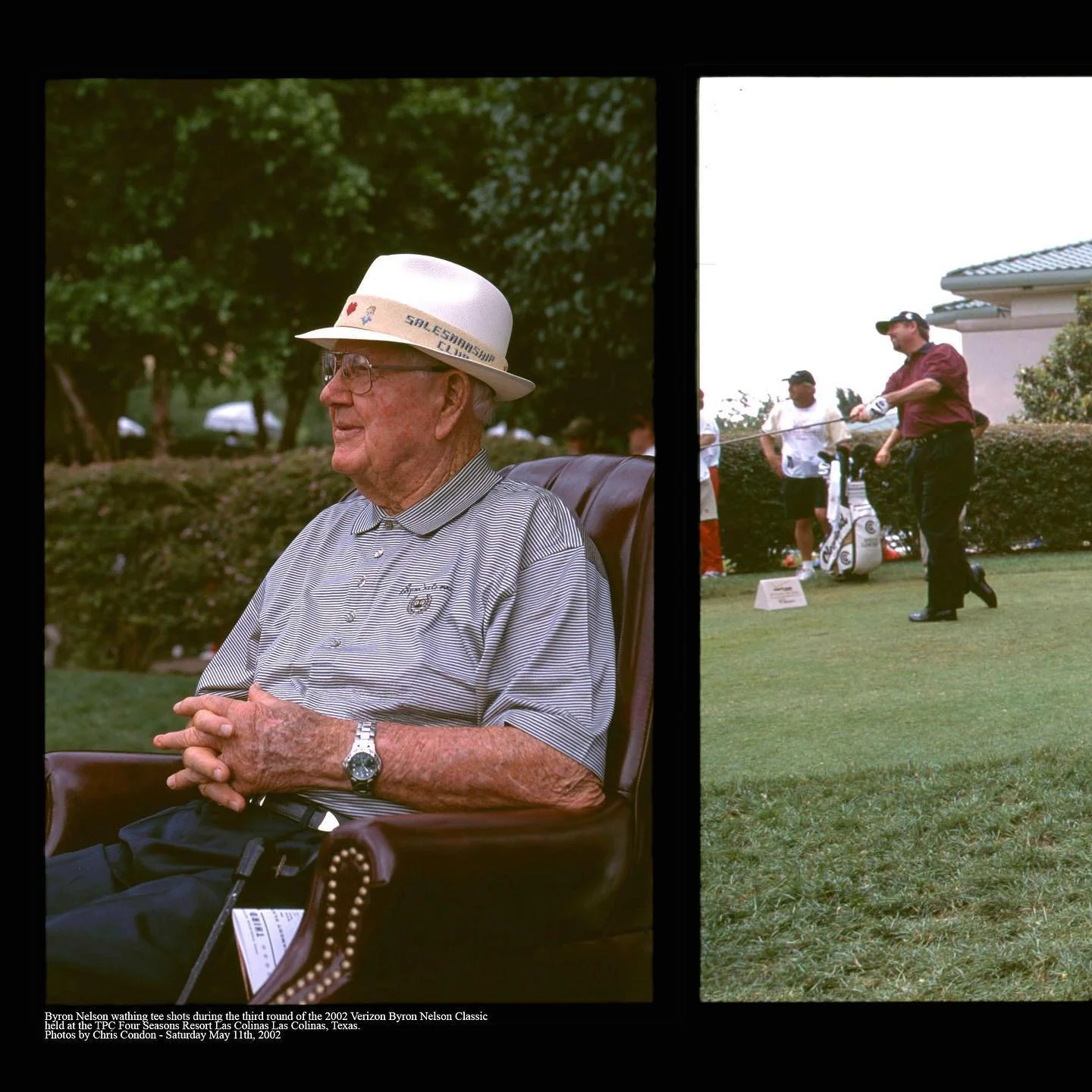 You think playing thru a rowdy 5some is nerve wracking? Try teeing off in front of Byron Nelson at his own tournament as he sits humbly in his leather chair.

The AT&amp;T Byron Nelson is upon us. S.Y. Noh currently sits atop the leaderboard after a 