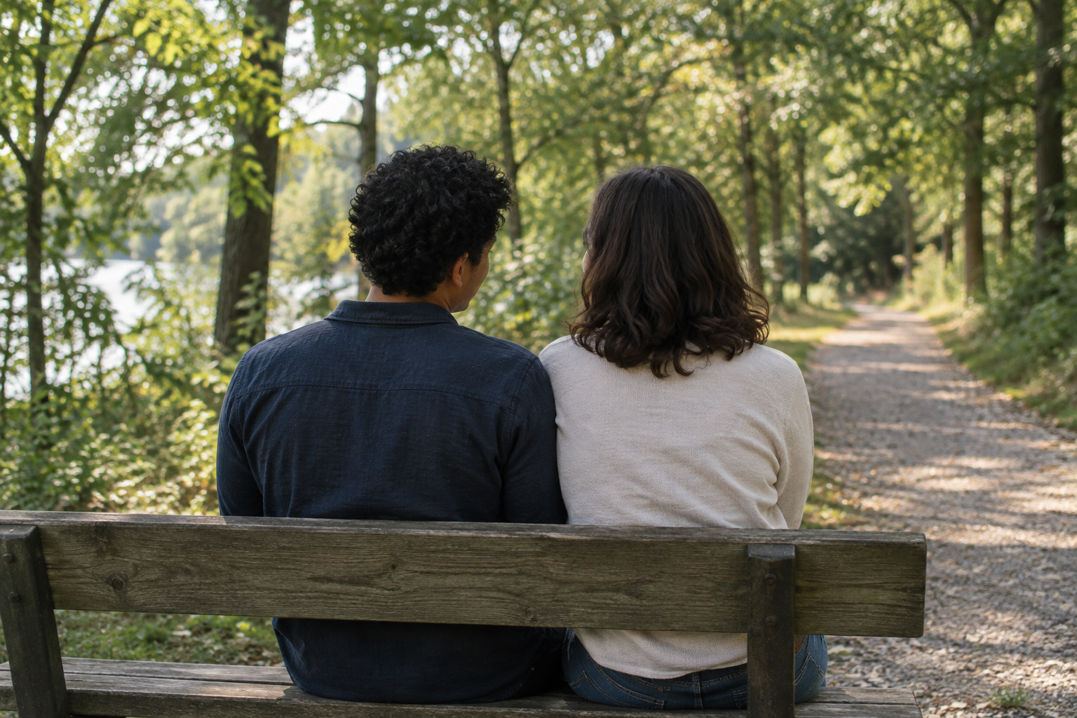 AI-generated illustration of two adults sitting together on a park bench, seen from behind.
