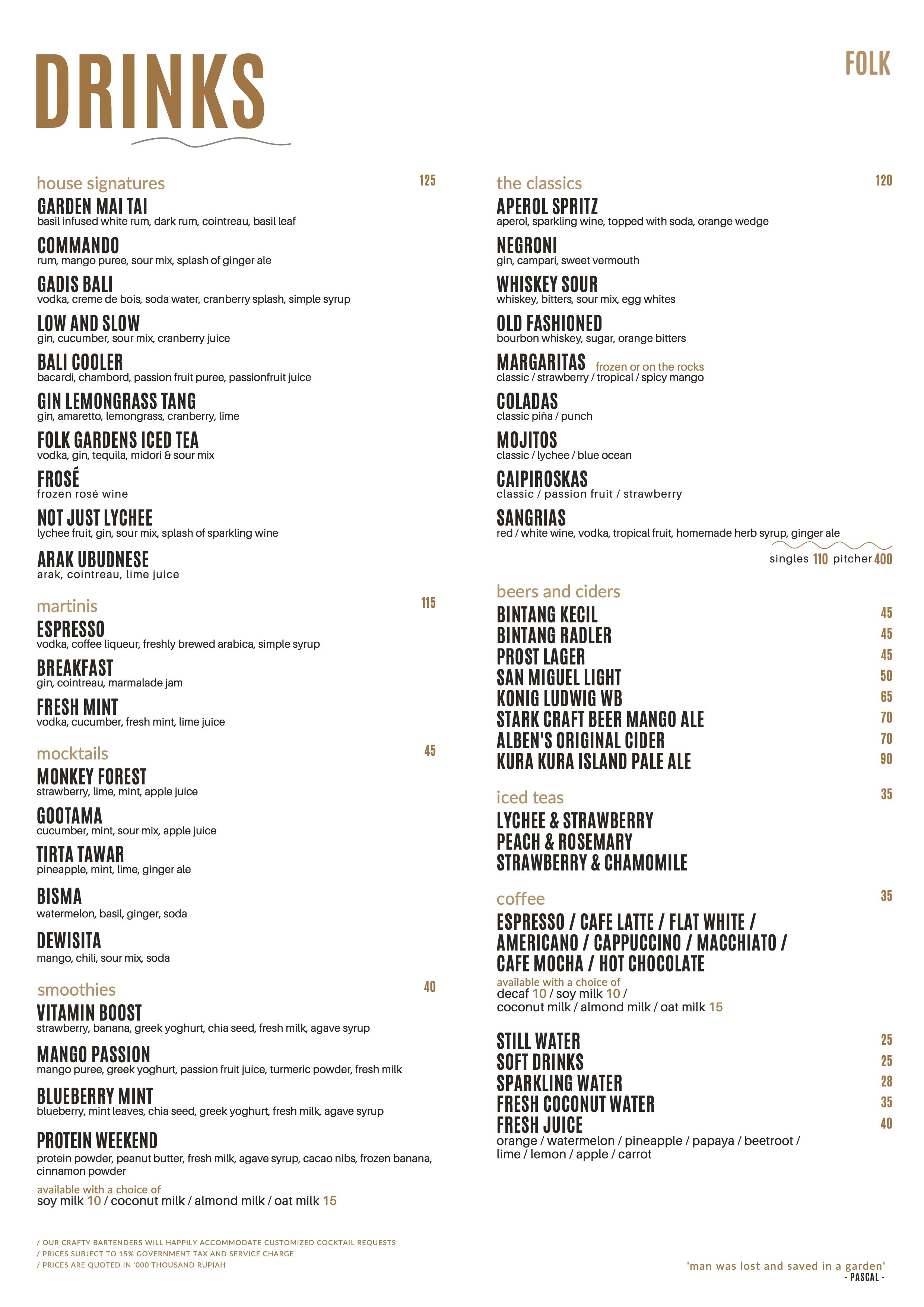 Menu titled 'Drinks' featuring sections for house signature cocktails, classics, martinis, mocktails, smoothies, beers and ciders, iced teas, coffee, and more. Items include Garden Mai Tai, Aperol Spritz, Espresso Martini, Monkey Forest, and Vitamin Boost. Prices are in Indonesian Rupiah with additional notes on customization and service charges.