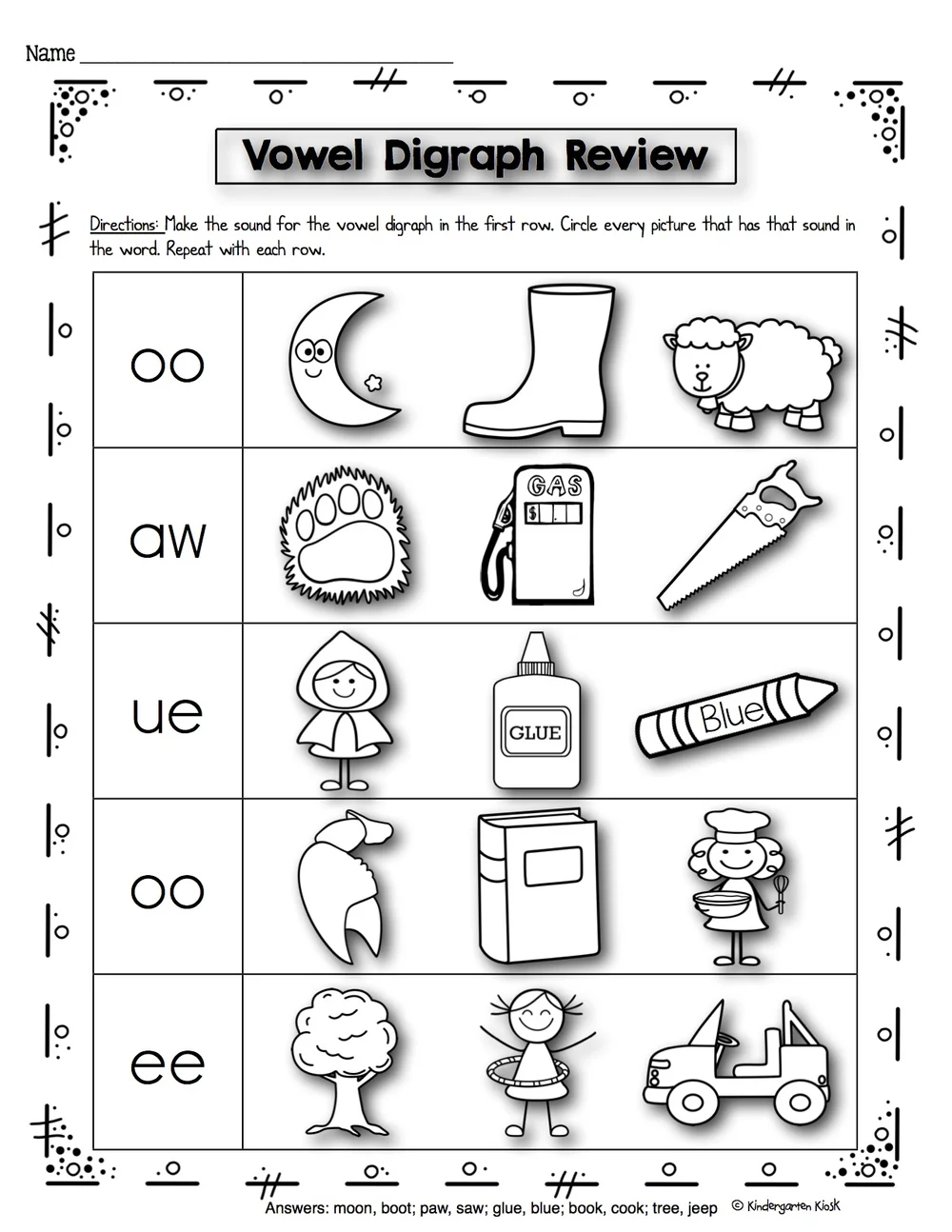 Phonics Prep Vowel Diagraph And Diphtong Worksheets Kindergarten Kiosk
