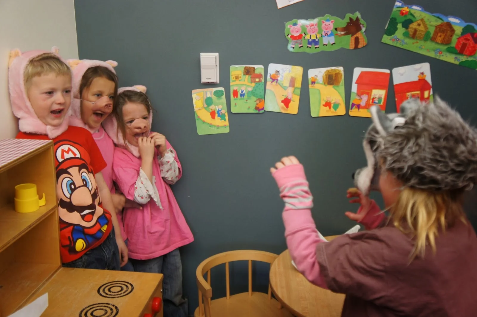I change my dramatic play area so that children can use it to retell the familiar tale we are working on. Fulfilling CCSS.ELA-LITERACY.RL.K.2 With prompting and support, retell familiar stories, including key details.