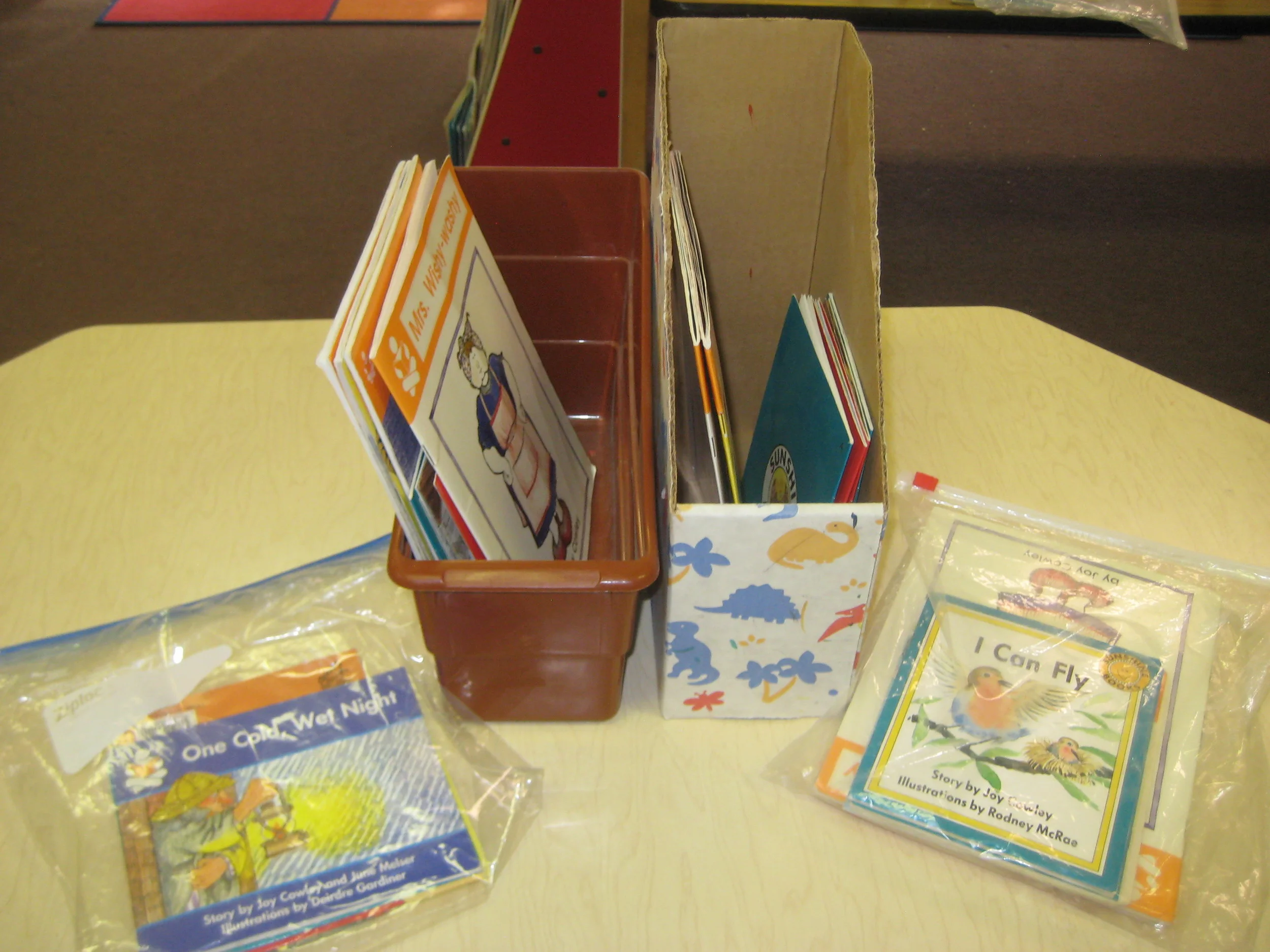 A student’s books can be stored in individual tubs, boxes, or zip-lock bags.