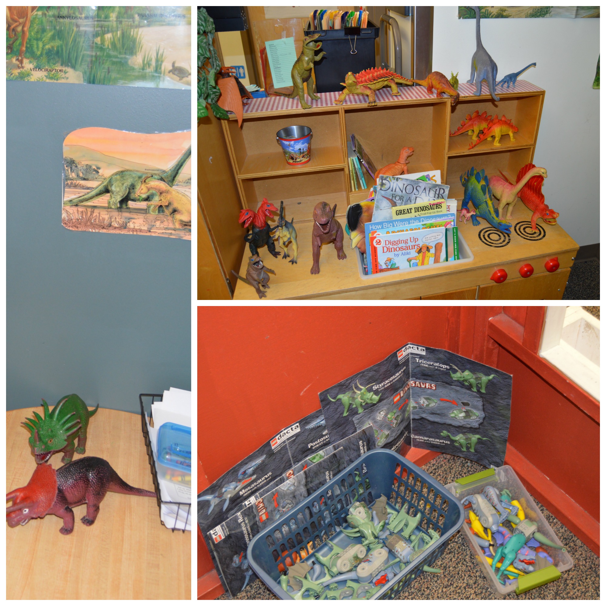 The Inside of the playhouse is ready for dinosaur-themed play and discovery. The conversations are exciting to say the least.