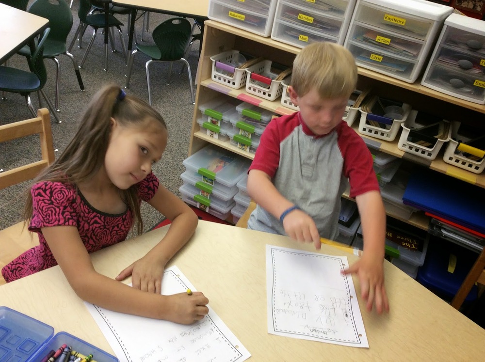 After gathering all the information from our readings and constructing a anchor chart, students write informational stories about dinosaurs.