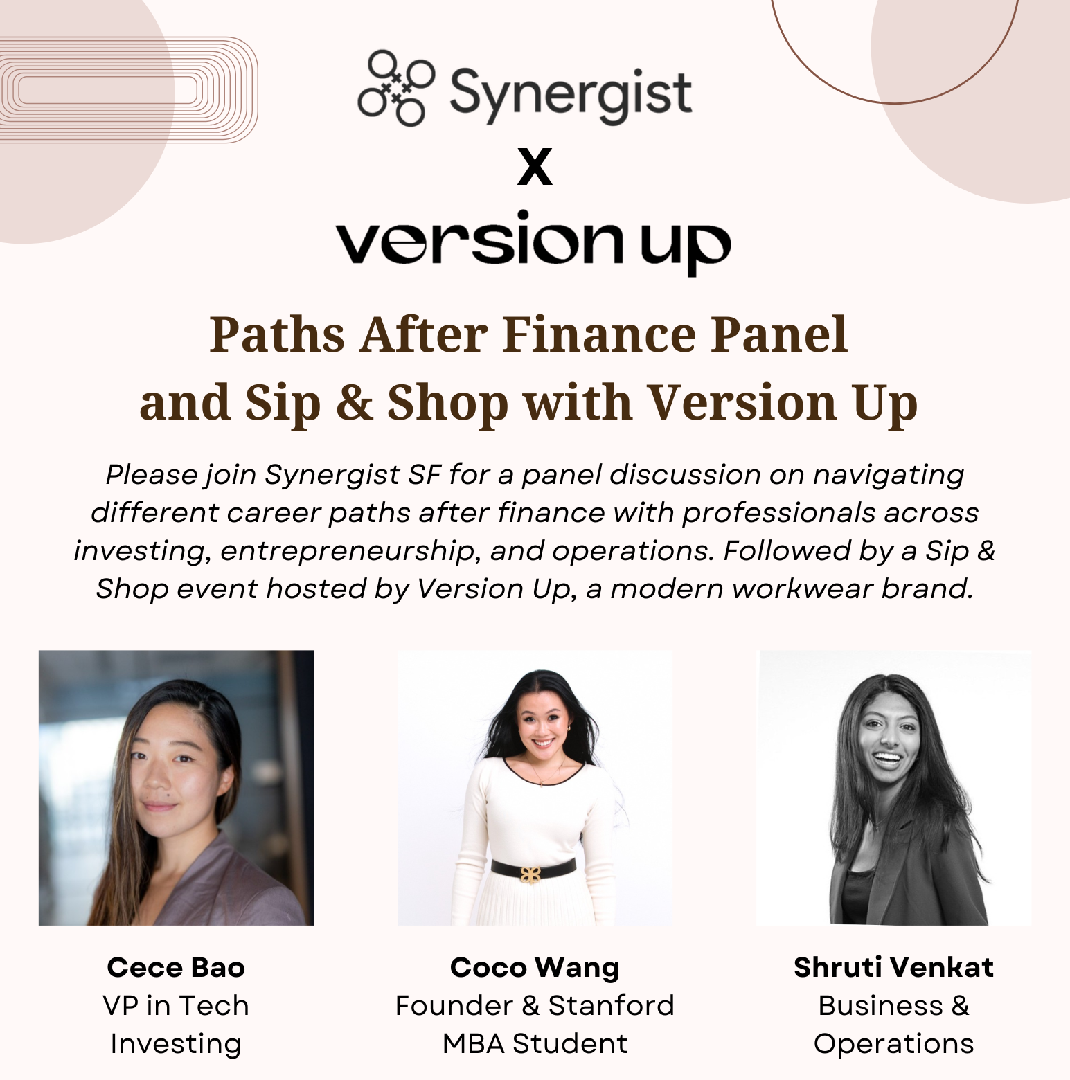 Synergist SF x Version Up: Paths After Finance Panel &amp; Sip &amp; Shop Event