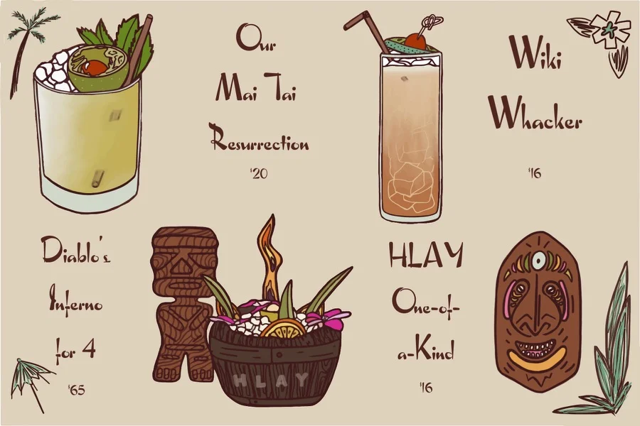 Image is an illustration depicting Here’s Looking at You’s tiki cocktails; the Diablo’s Inferno for 4–$65, Our Man Tai Resurrection—$20, HLAY One-of-a-Kind—$16, and Wiki Whacker—$16.