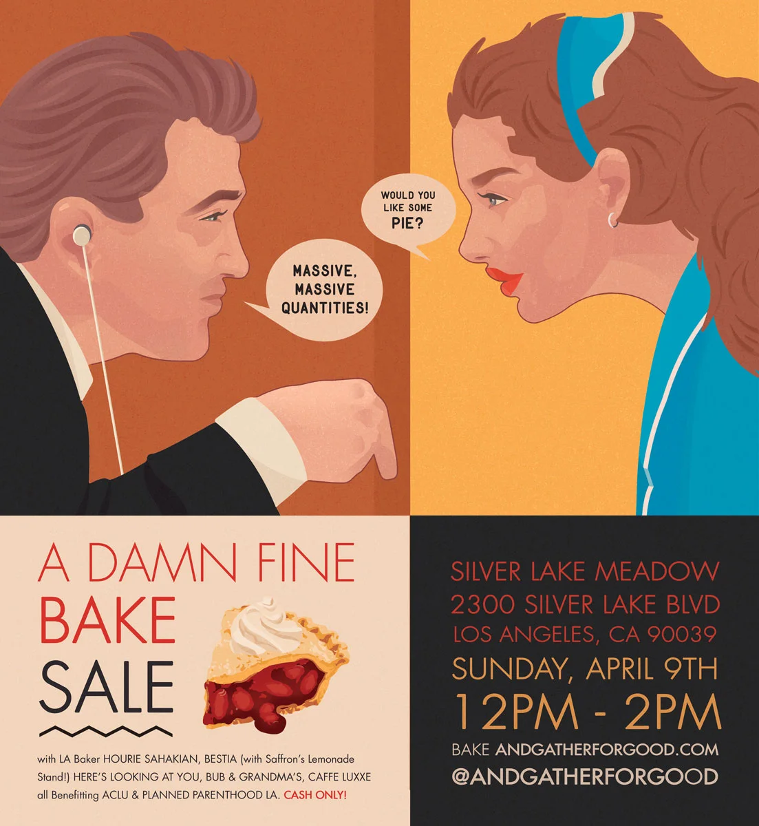 Image is an illustration depicting “A Damn Fine Bake Sale”, a fundraiser and an example of the past work with nonprofits that Here’s Looking at You has participated in.