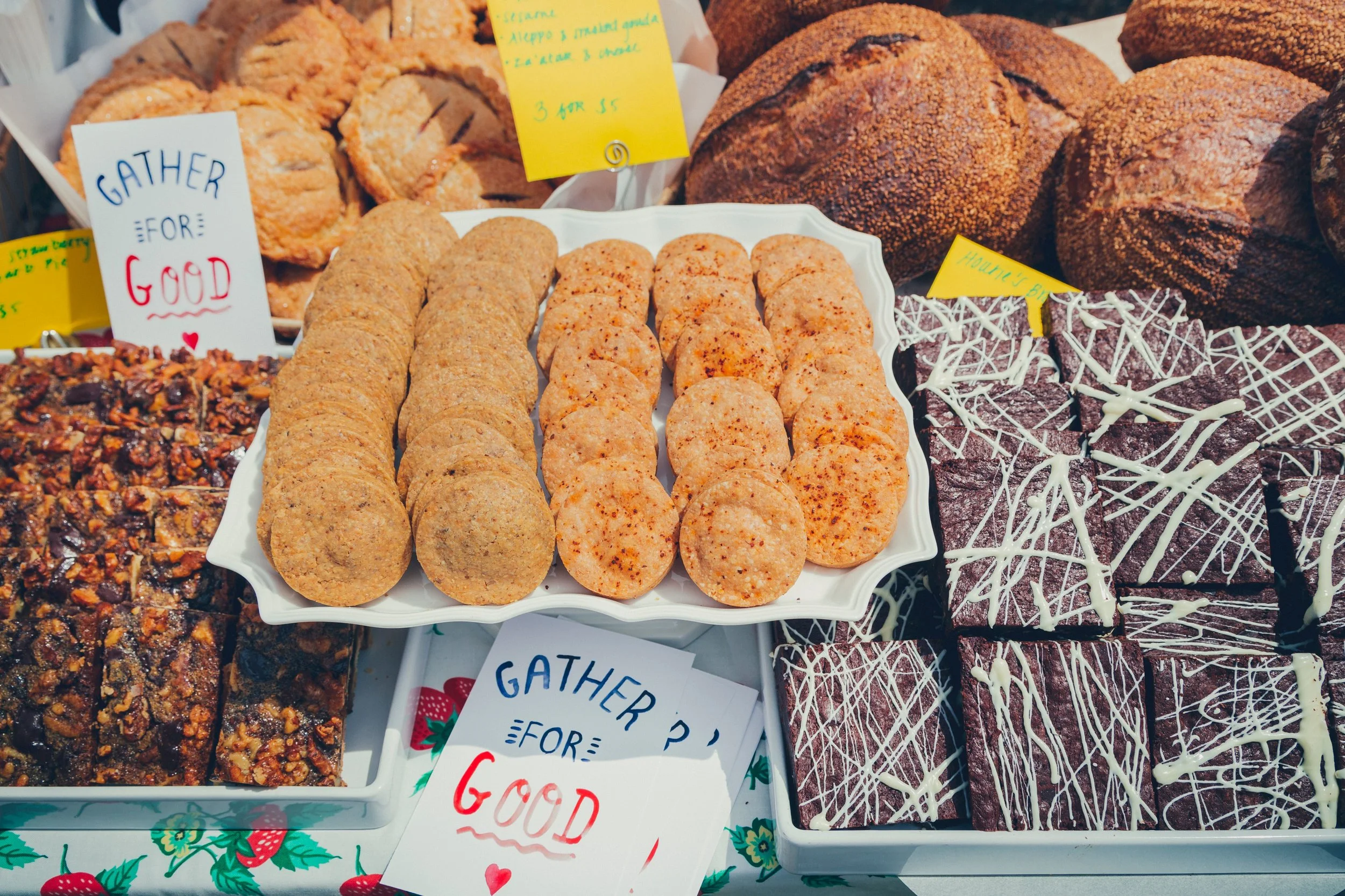 Image depicts a photo of various baked goods for the event “Gather for Good”, a fundraiser and an example of the past work with nonprofits that Here’s Looking at You has participated in.