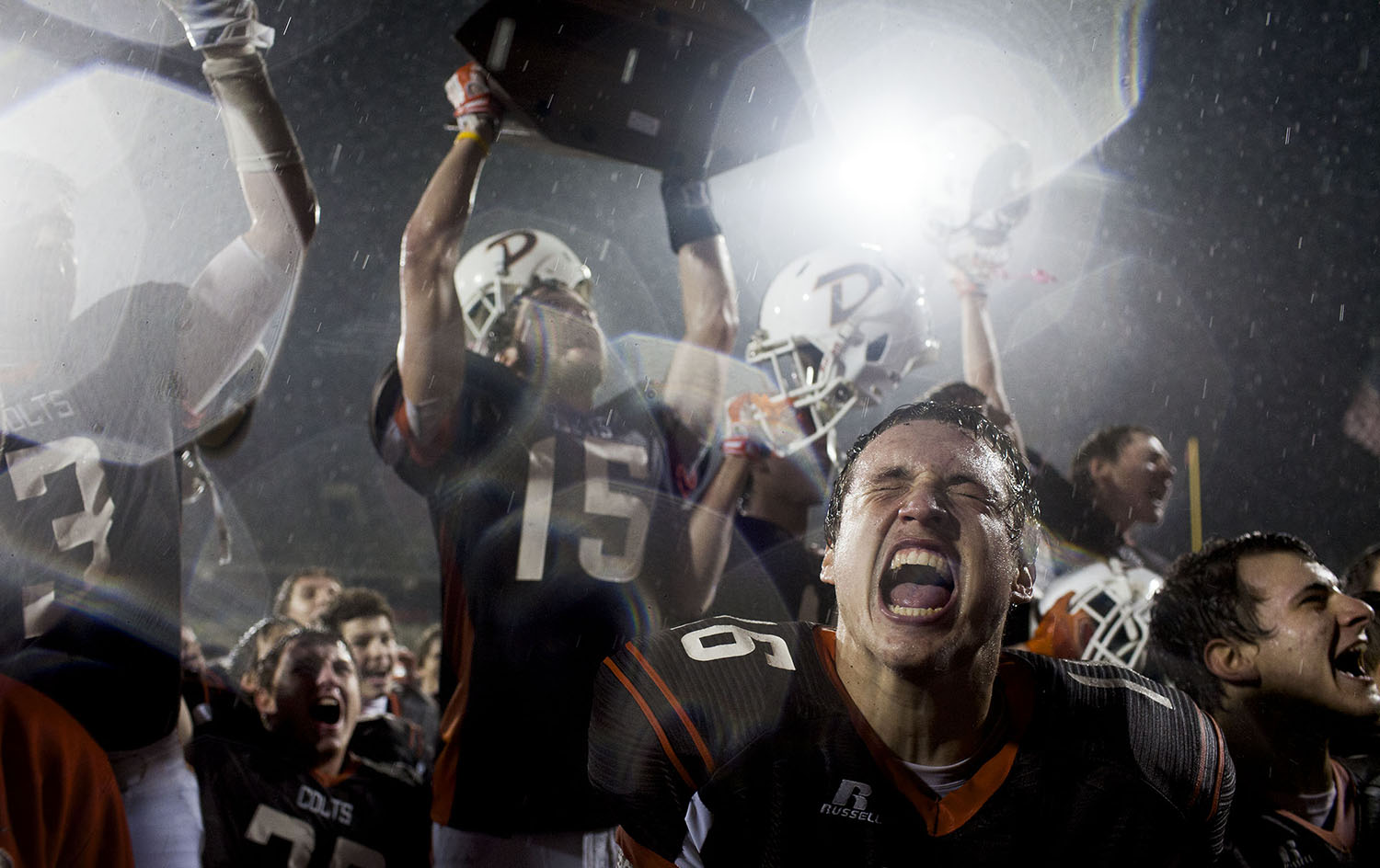 Desales quarterback Austin Johnson cheers with his teammates after Desales' 26-0 victory over Newport Central Catholic on Friday, Dec. 5, 2014, in the Class 2A State Championship at L.T. Smith Stadium in Bowling Green, Ky. 