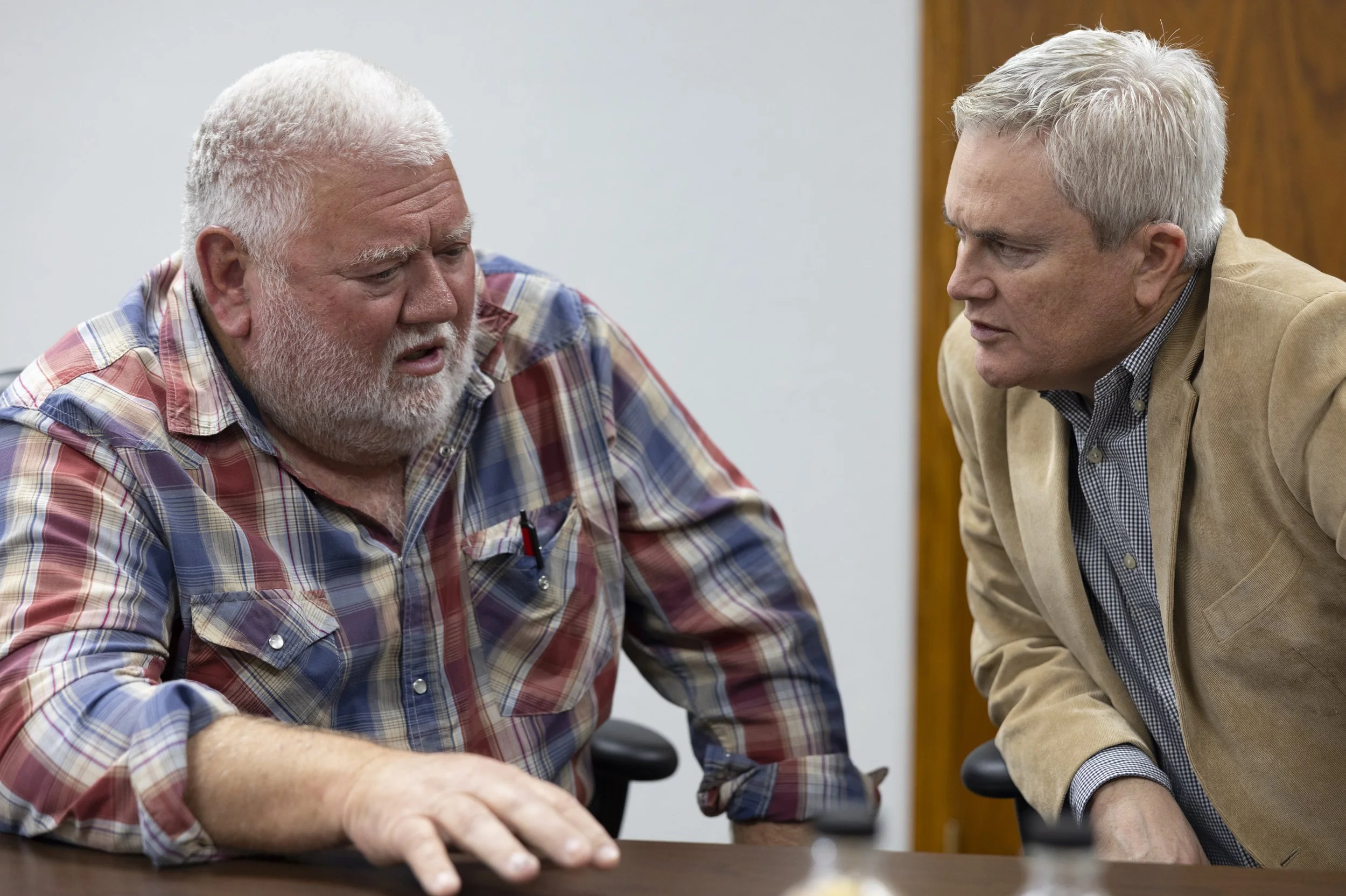  Representative James R. Comer, Republican of Kentucky, speaks to grain farmer Phillip Garrett on Wednesday, Feb. 15, 2023, during a meeting of the Hopkinsville Elevator Company cooperative. Garrett is a member of the cooperative. (Austin Anthony for