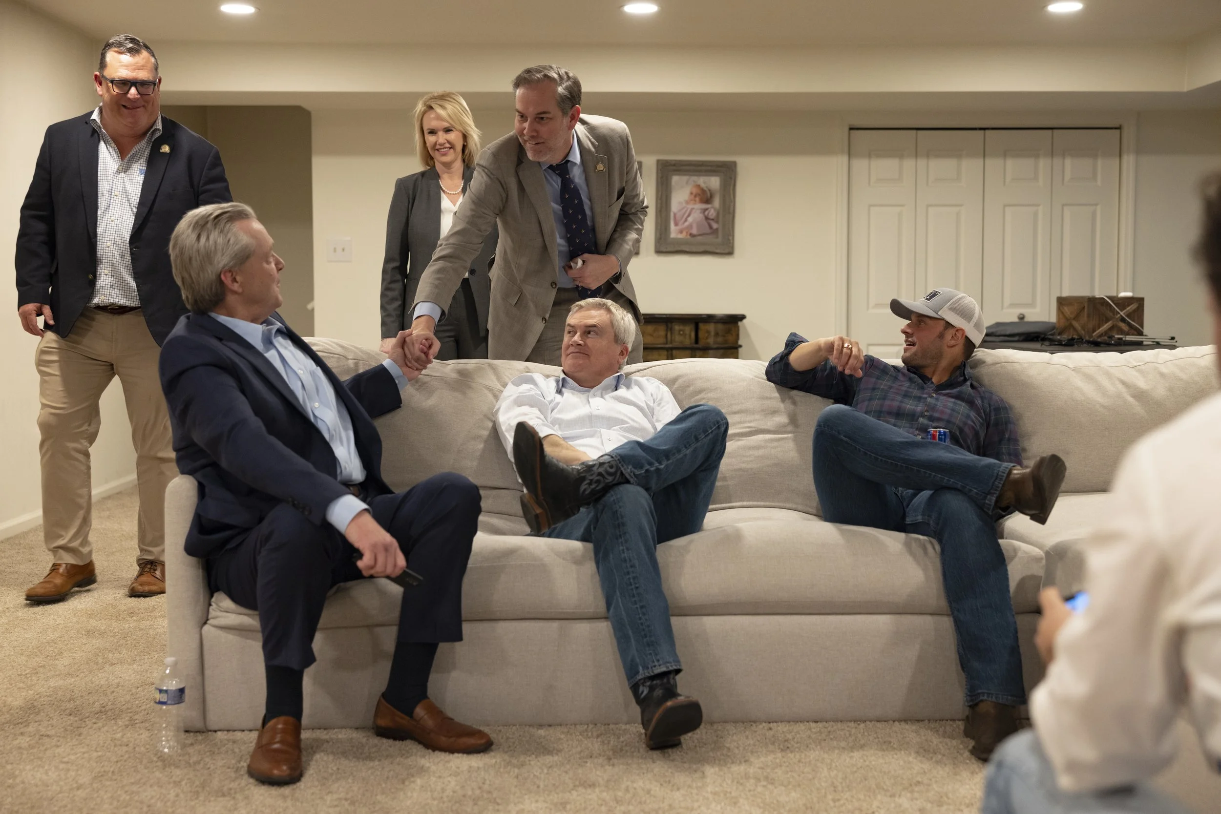  Representative James R. Comer, Republican of Kentucky, center, is joined by friends and colleagues, from left, state representative Michael Sarge Pollock, lobbyist Jeff Harper, state representative Amy Neighbors, state senator Max Wise, and state re
