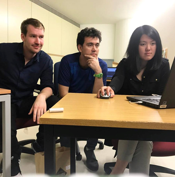 April 22, 2017. Intense session during the hackathon. From left to right: Richard Brooker, Fabio Giraldo, Ting Wang