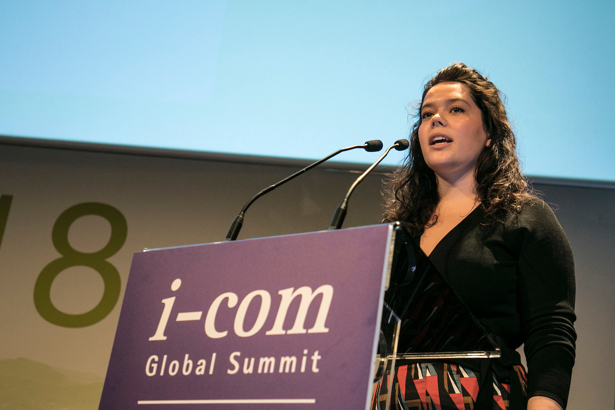 Becky Waddell presenting in the final round of the I-COM Data Creativity Awards 2018