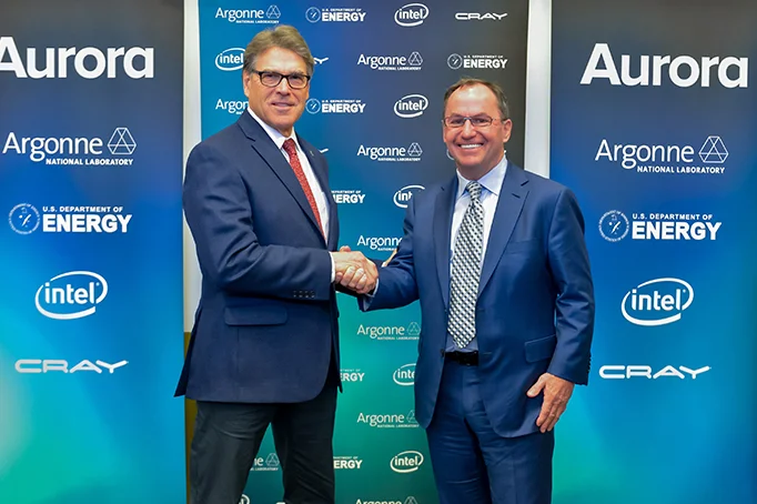 U.S. Secretary of Energy Rick Perry (left) and Intel CEO Bob Swan are shown Monday, March 18, 2019, in Chicago at an announcement regarding the "Aurora" supercomputer. Intel will deliver the United States’ first exascale system to Argonne National Laboratory in 2021. (Credit: Argonne National Laboratory)