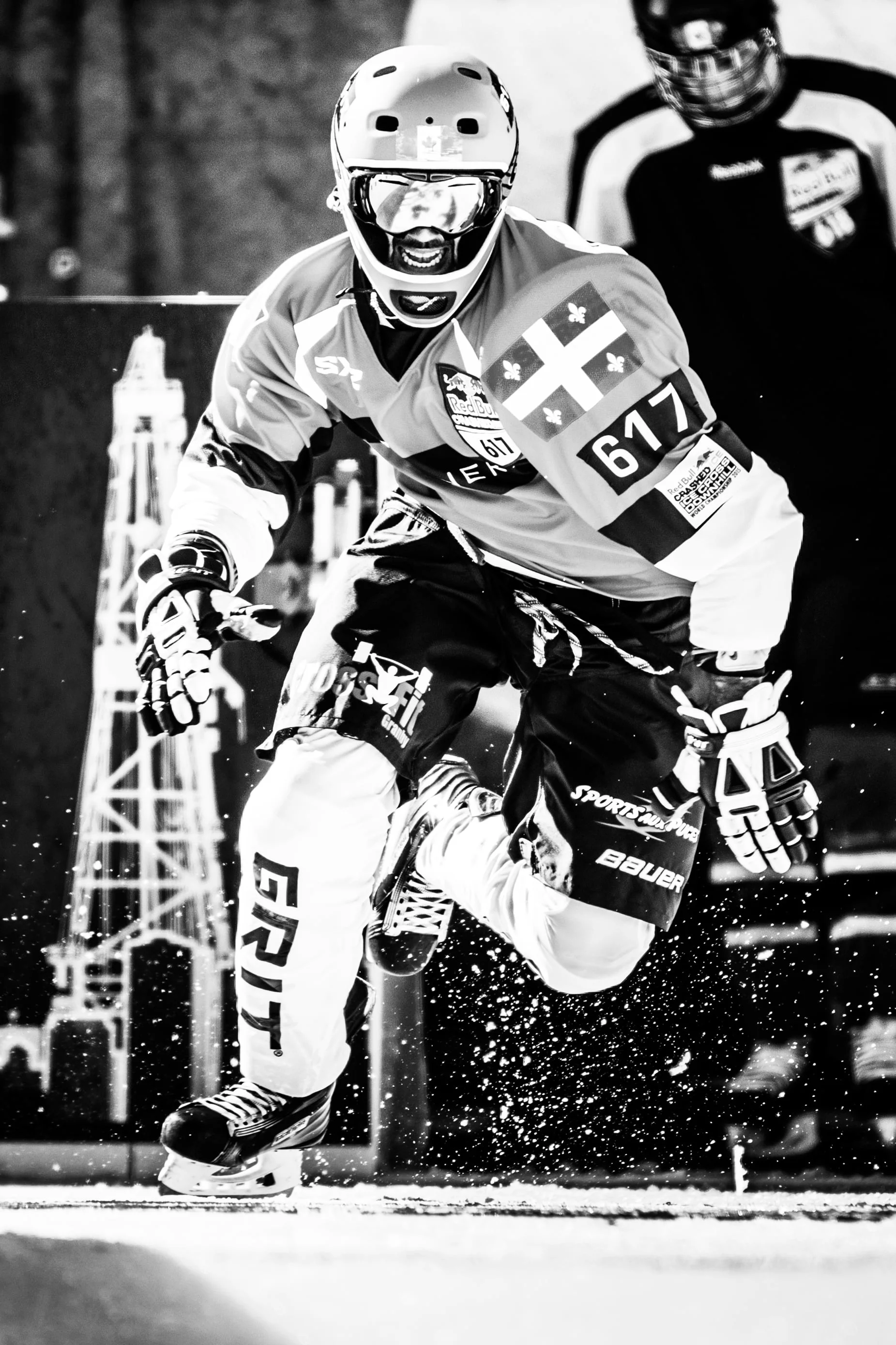 Carl Bellefleur of Canada performs during the training of the fourth stage of Red Bull Crashed Ice, the Ice Cross Downhill World Championship in Edmonton, Canada on March 12, 2015