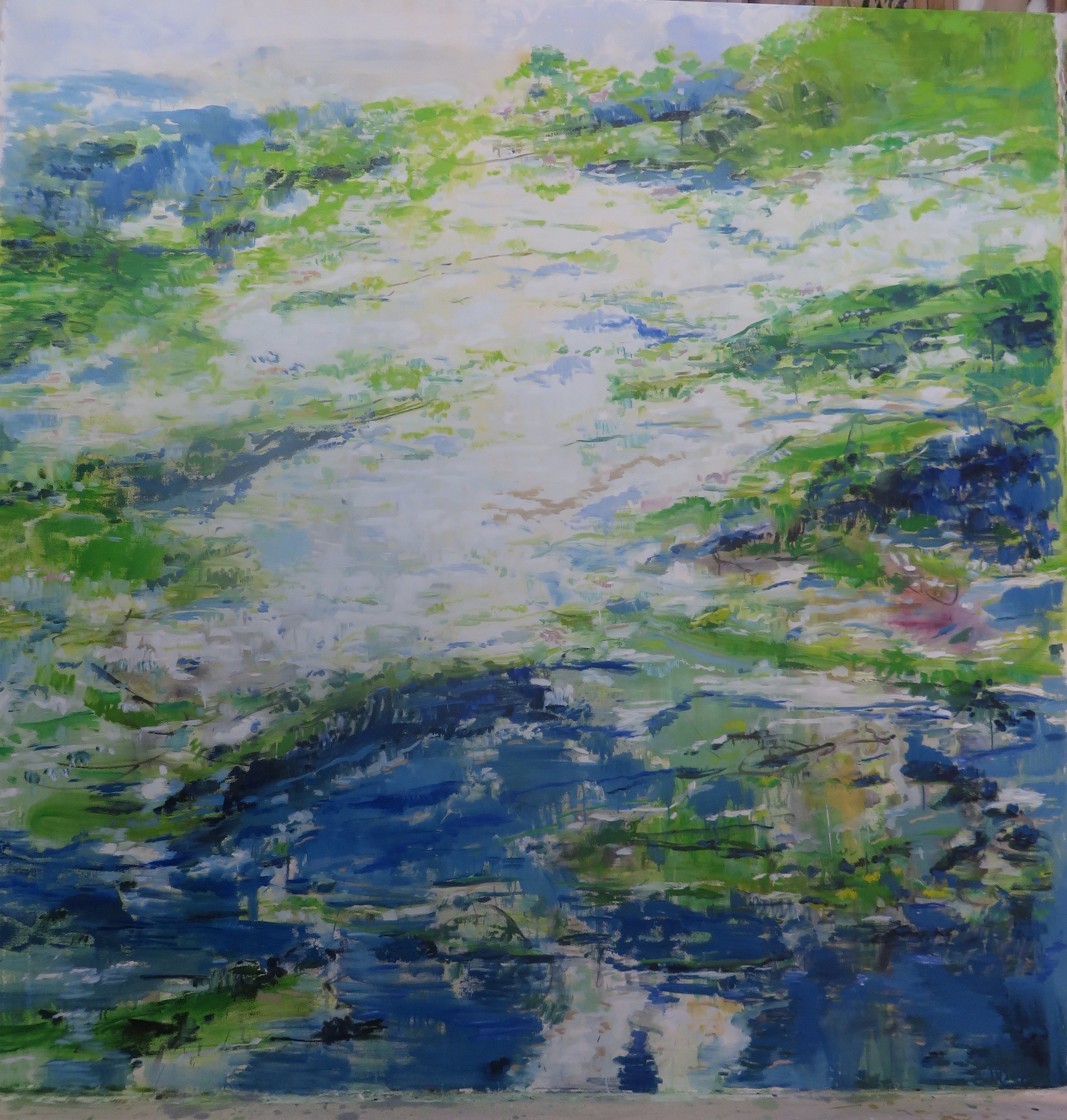 SOLD - Earth Green Water Blue, abstract oil painting 2015