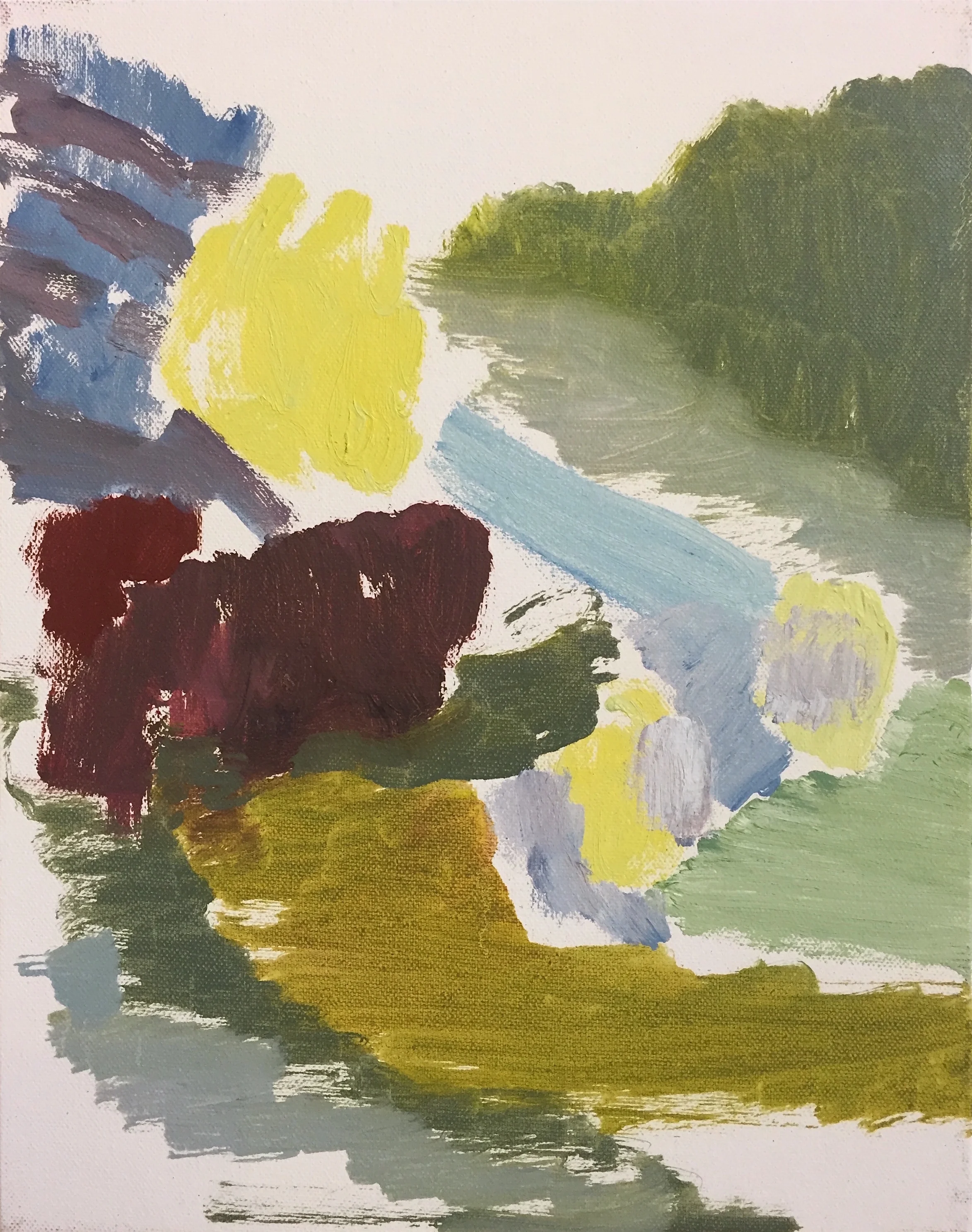 abstract oil on cnavas landscape with the suggestion of trees and water. 