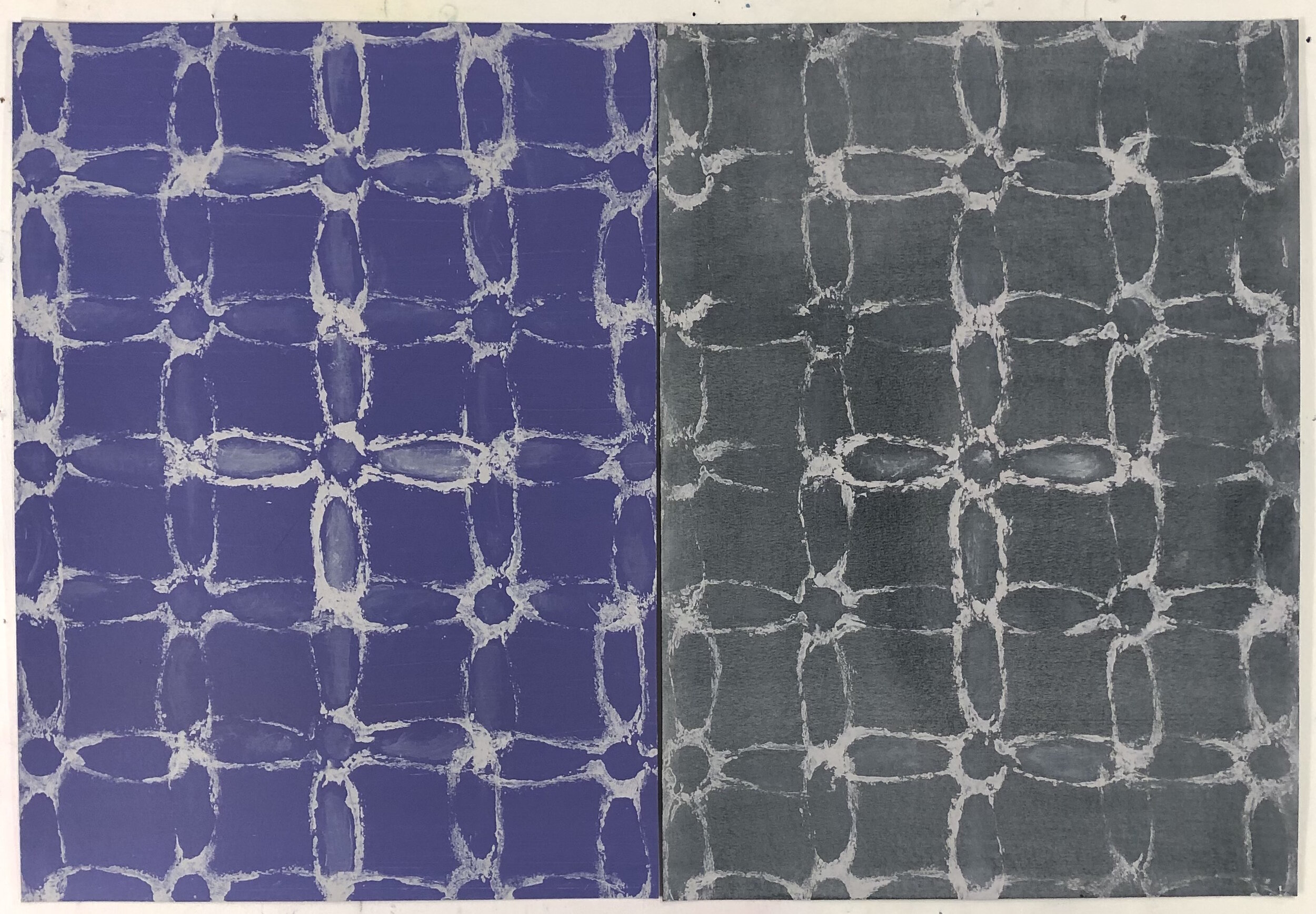 Flower Motif, Grid Pattern Diptych Violet, Charcoal, 2021