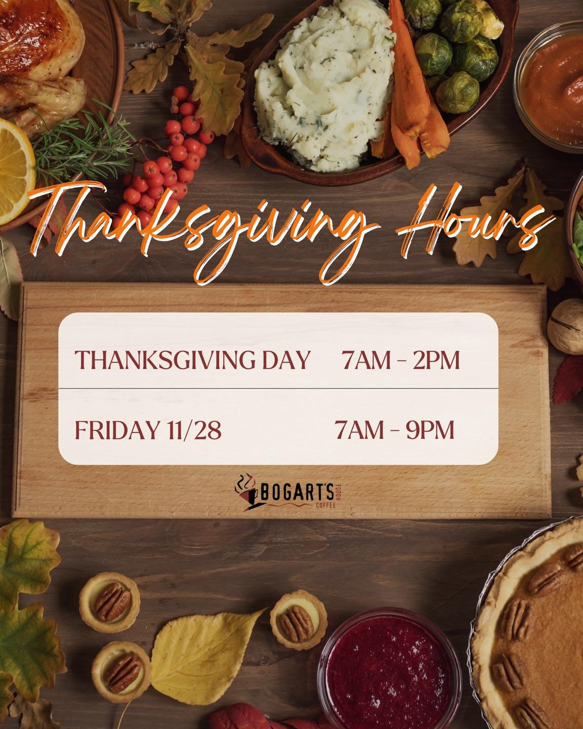 Yes, we will be open Thanksgiving Day ☺️💫
Here are our Thanksgiving week hours 🦃