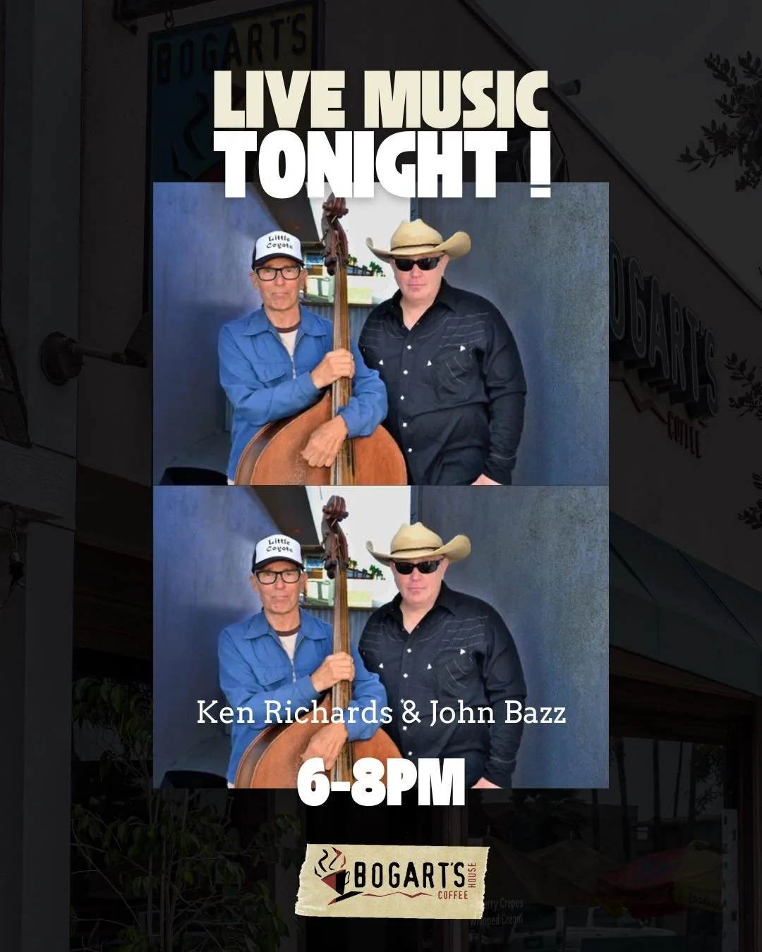 Come by tonight for a beautiful evening with Kern Richards and John Bazz 🎶

Southern California songwriter Kern Richards speaks to the Country Western traditional audience as well as to the rocker in us all. His songs of heartbreak, loneliness and d