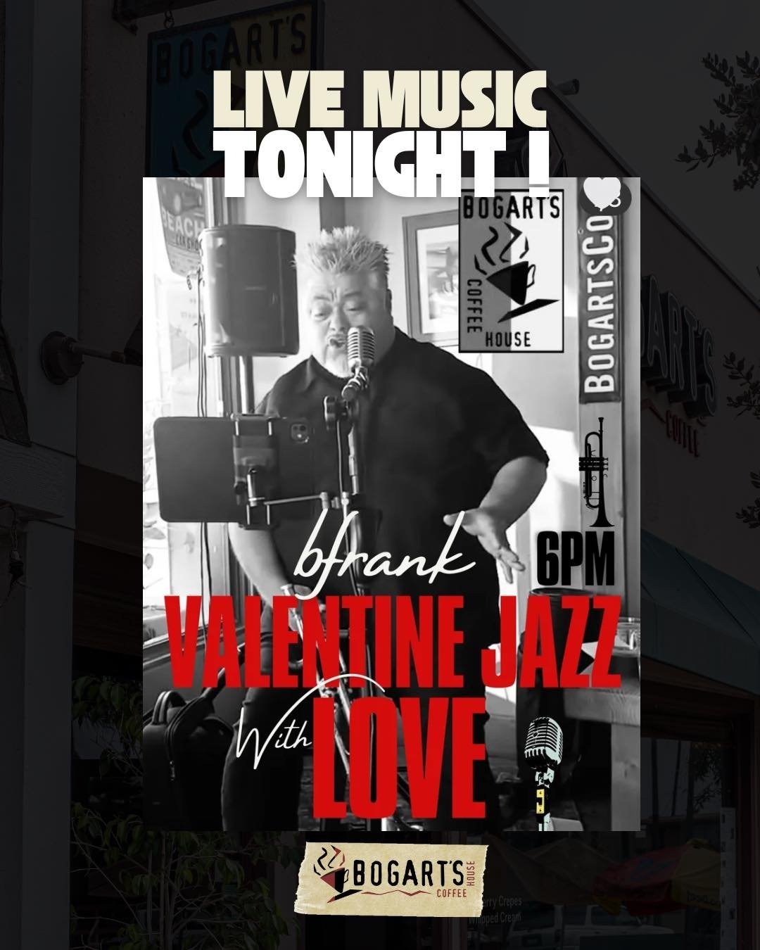 Spend a love-filled evening with B Frank Jazz 🎷❤️

B Frank is a jazz vocalist and trumpet player. His music is reminiscent of Frank Sinatra, Tony Bennett, Louis Armstrong, Chet Baker and Nat King Cole. 

Come with your lover and enjoy a nice and coo