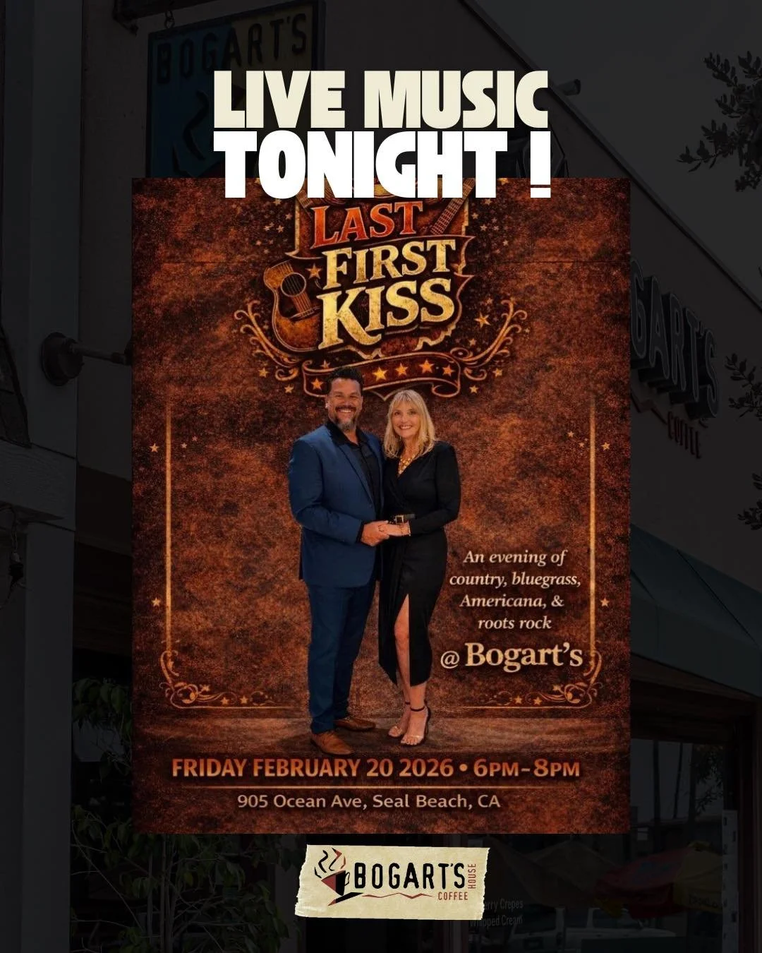 Join us tonight for a beautiful show with Last First Kiss 🎶

Last First Kiss is an Americana, country, and bluegrass duo built on deep musical roots, lived experience, and a shared love for timeless songs. Blending tradition with raw, modern energy,