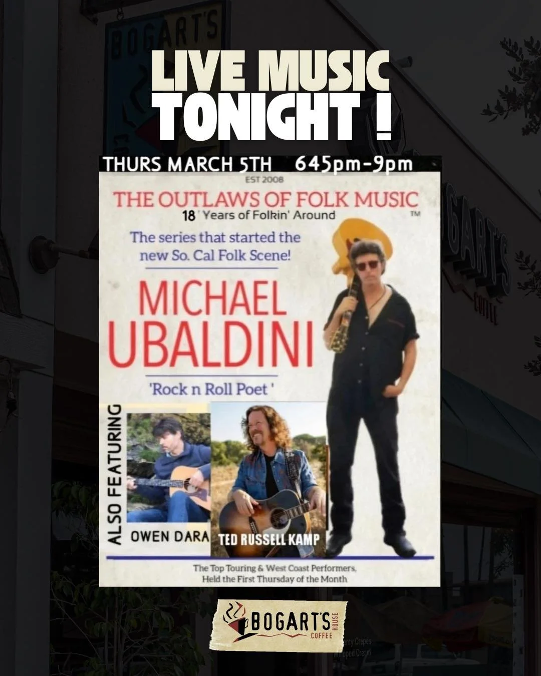 It&rsquo;s the first Thursday of March, which means The Outlaws Of Folk Music are back tonight! 🎶

The Outlaws is an ongoing folk music series that was created by the &lsquo;rock n roll poet&rsquo; Michael Ubaldini who decided as a songwriter and su