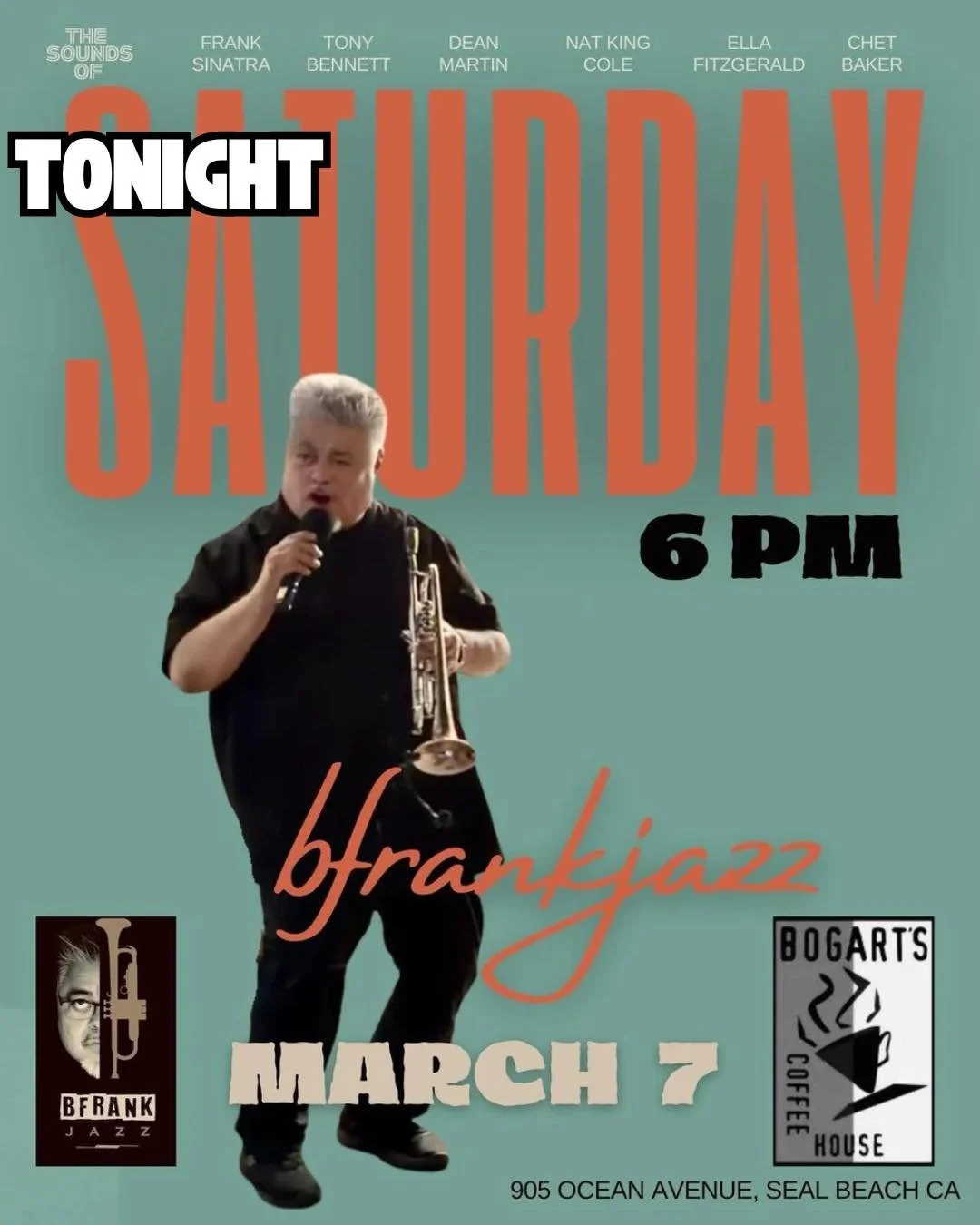 B Frank Jazz is back at Bogart&rsquo;s coffee house tonight for a jazzy live show! 

Bfrank is a jazz vocalist and trumpet player. His music is reminiscent of Frank Sinatra, Tony Bennett, Louis Armstrong, Chet Baker and Nat King Cole. 

Come and enjo