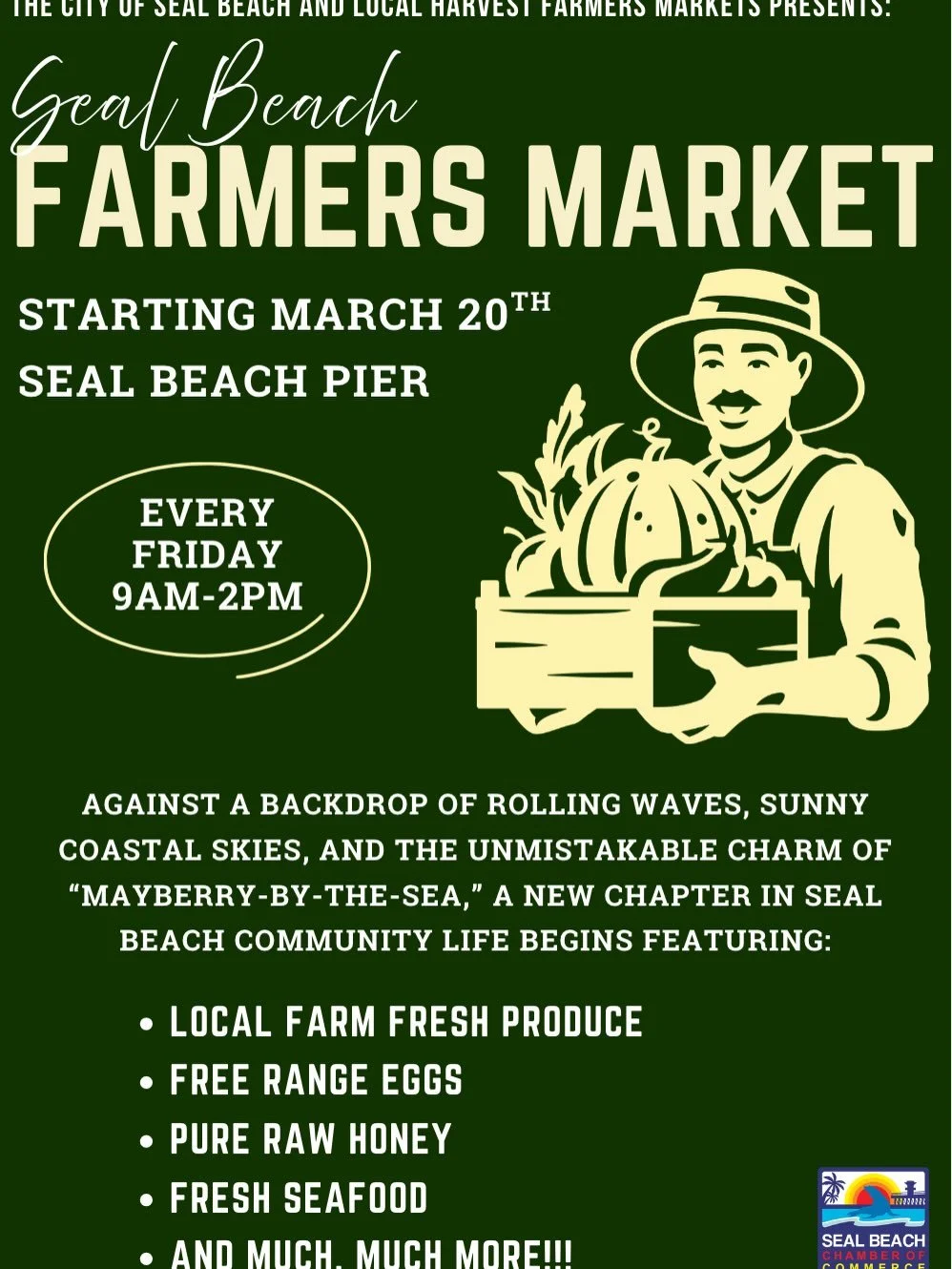 We are excited for the first weekly Farmers Market at the Pier this Friday! We are hosting Coffee with the Chief as well! So come down for a delicious coffee, a meet and greet with the Chief and check out the Farmers Market!