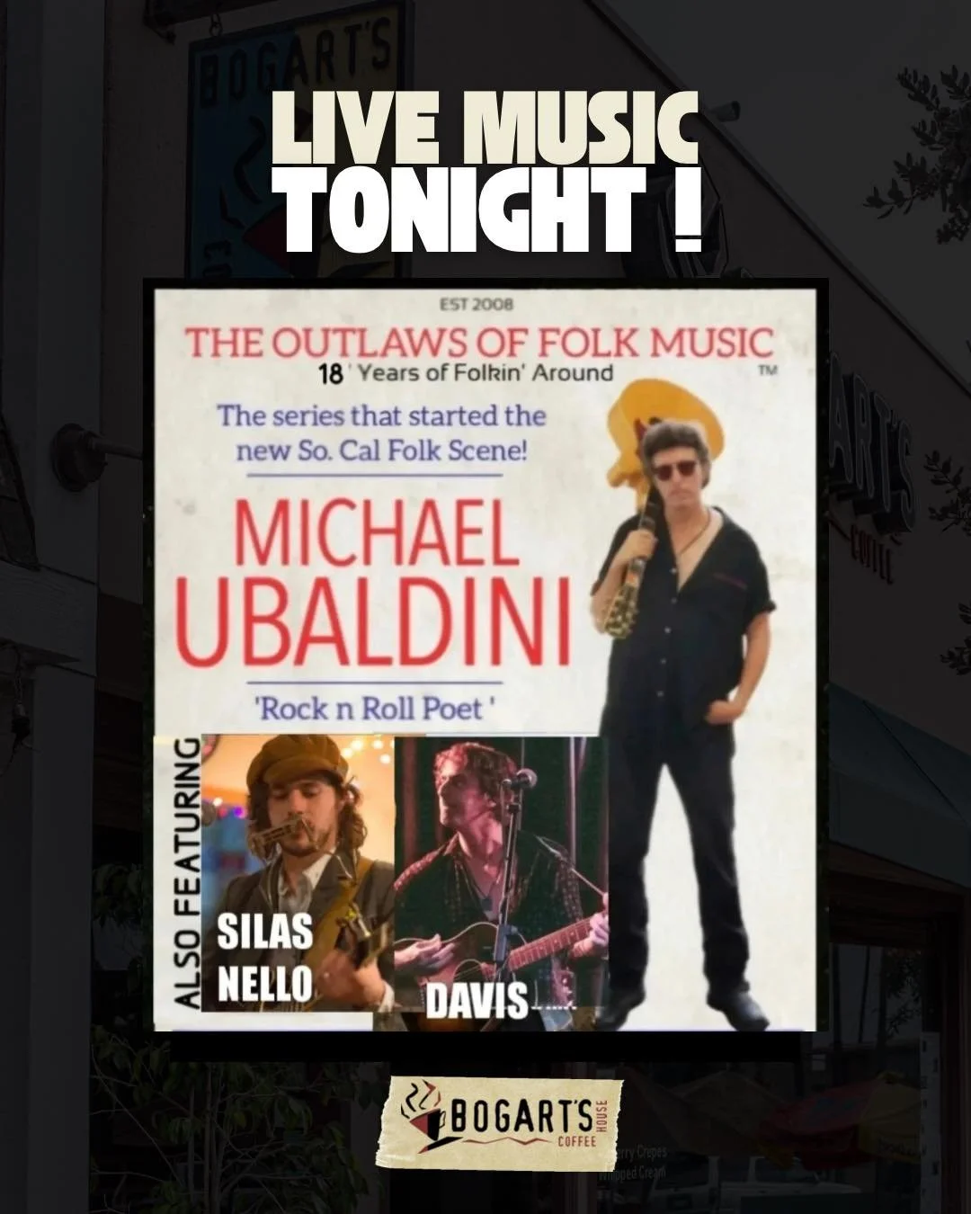 It's the first Thursday of April, which means The Outlaws Of Folk Music are back tonight! 🎶

The Outlaws is an ongoing folk music series that was created by the 'rock n roll poet' Michael Ubaldini who decided as a songwriter and supporter of musicia