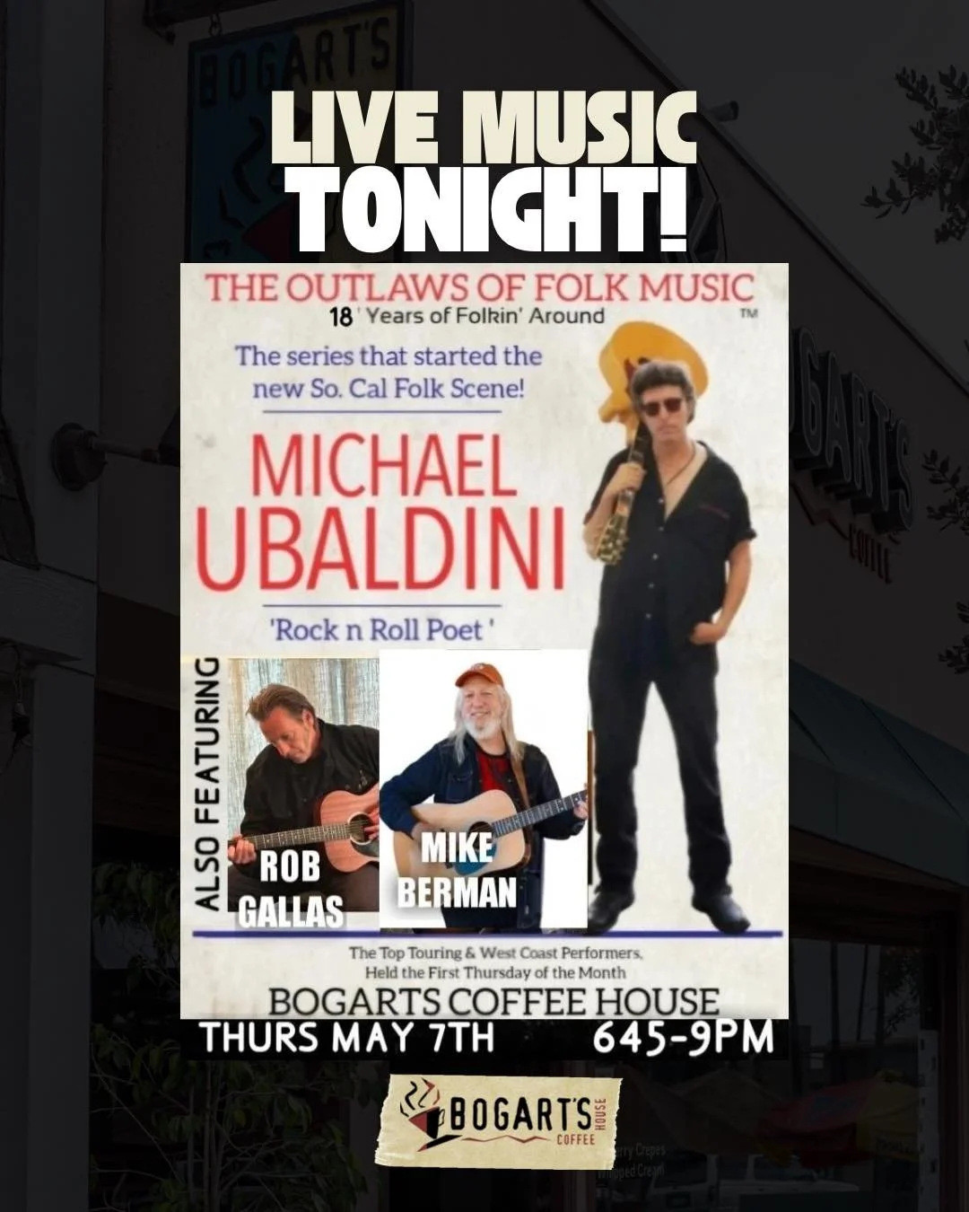 It&rsquo;s the first Thursday of the month, which means the Outlaws of Folk Music are playing tonight 🎶

CBS Los Angeles named it &ldquo;Best Folk Music show in The OC&rdquo; in 2017
All ages can enjoy the show and artistic vibe. Outlaws is an ongoi