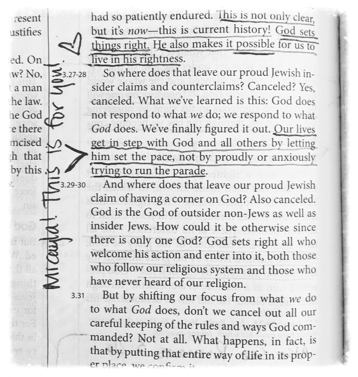 And sometimes I have to call myself out... "Our lives get in step with God and all others by letting him set the pace, not by proudly or anxiously trying to run the parade." (Romans 3:28)