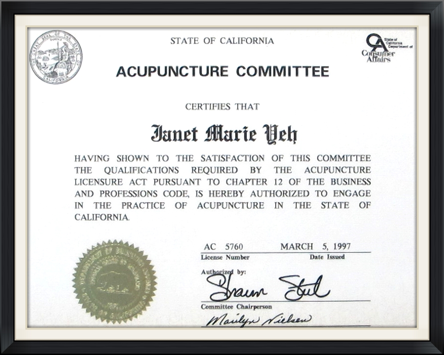 California Licensed Acupuncturist - Dr. Yeh