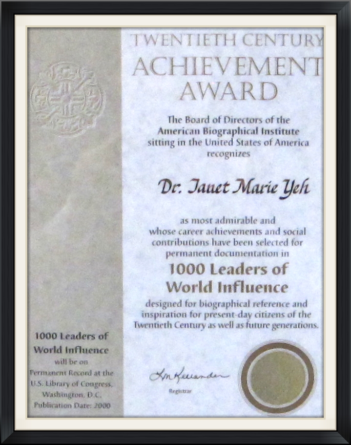 1000 Leaders of World Influence - Dr. Yeh