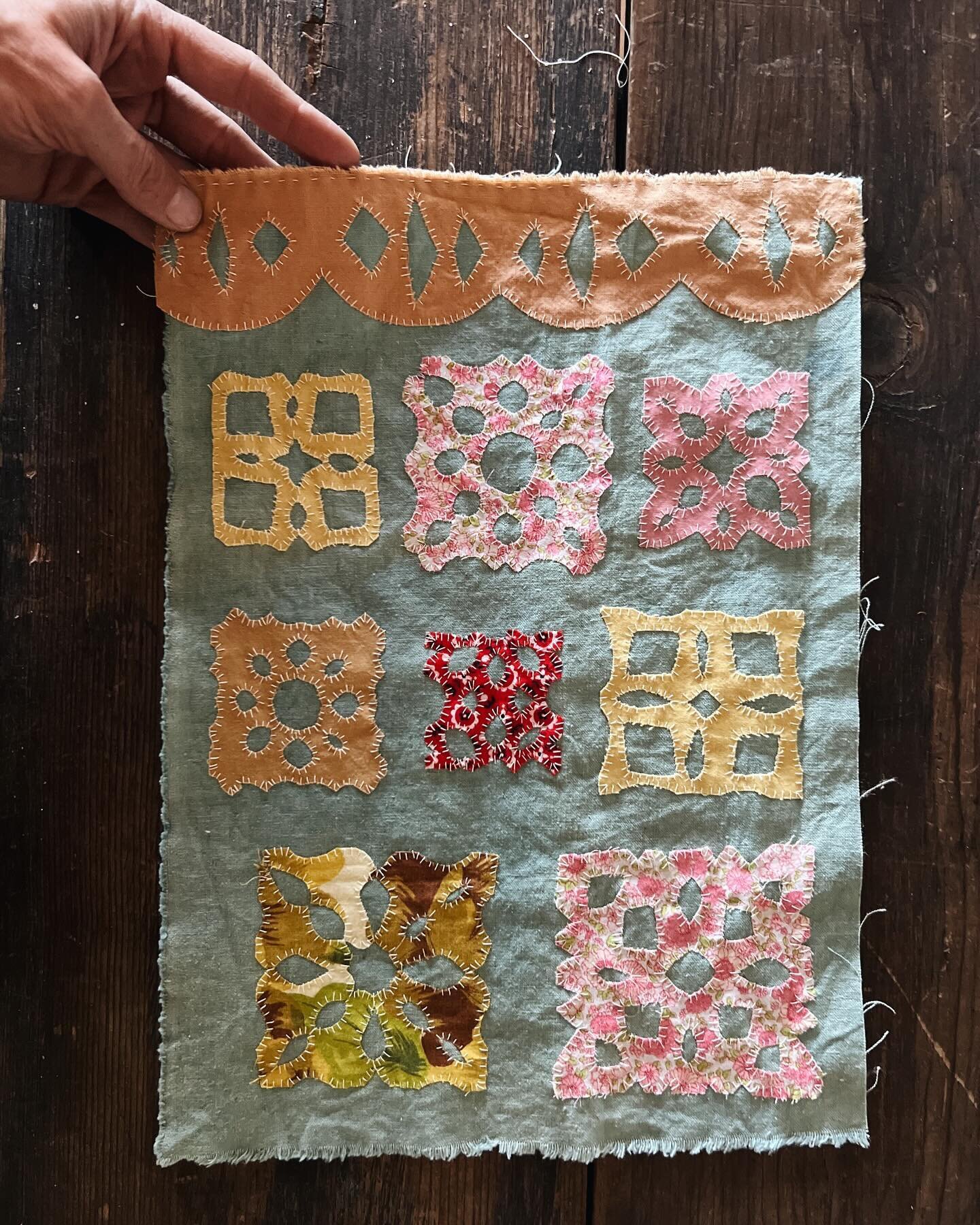 A small raw edge appliqu&eacute; piece made from naturally dyed and vintage fabrics. The pieces were cut like the paper snowflakes I used to make with my kids when they were little. The raw edge makes this piece delicate so not sure what it will beco