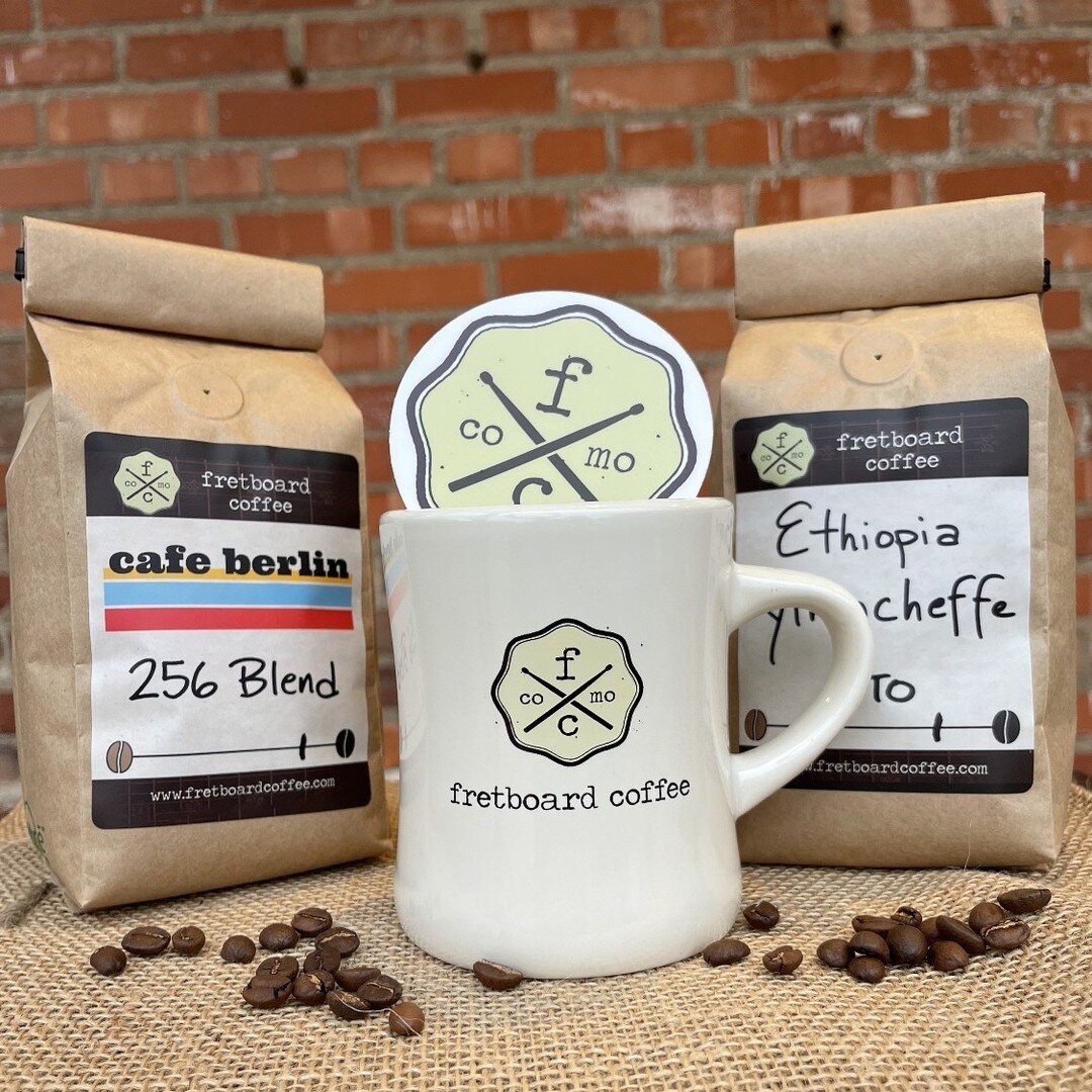 This gift pack contains the foundations for a comfortable at-home coffee experience, including:
☕TWO 12 oz bags of our organic and ethically-sourced coffee, 
☕our new 10 oz ceramic diner mug
☕Fretboard Coffee stickers

Buy our Stay-At-Home gift pack 
