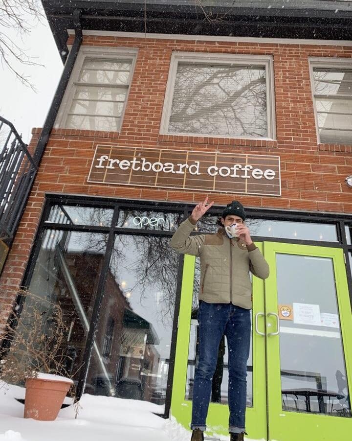 Here&rsquo;s our barista Noah enjoying some coffee on this snowy, blowy day. ☃️

If you find yourself in the neighborhood and need a cup of something warm, stop by and say hi!
&bull;
&bull;
#fretboardcoffee #thedistrictcomo #caffeinatecomo #coffeesho