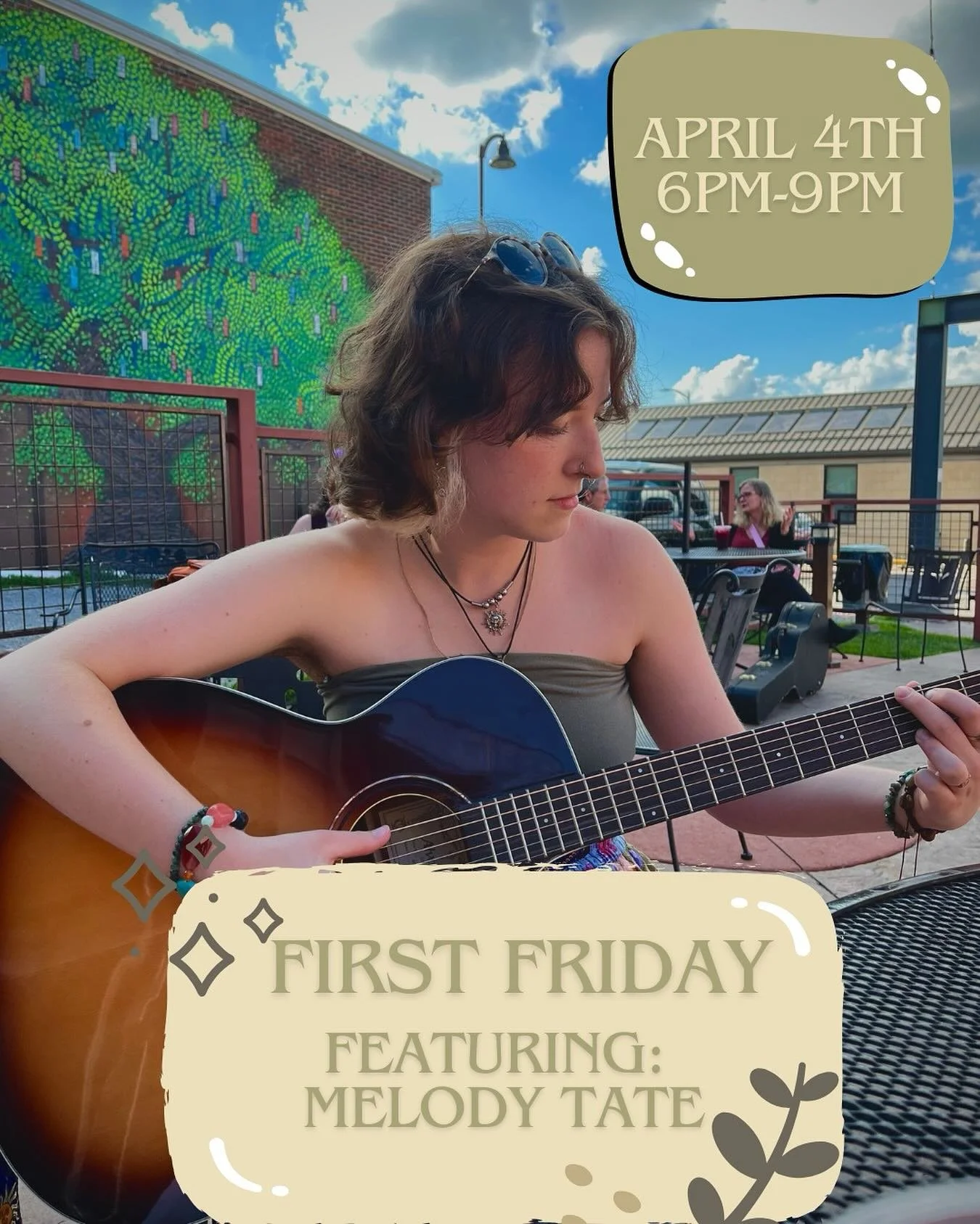 Are y&rsquo;all ready? We are so excited to have our friend @mel.odys.melodies performing for you guys this First Friday! Come by 6-9pm tomorrow ✨🎶
