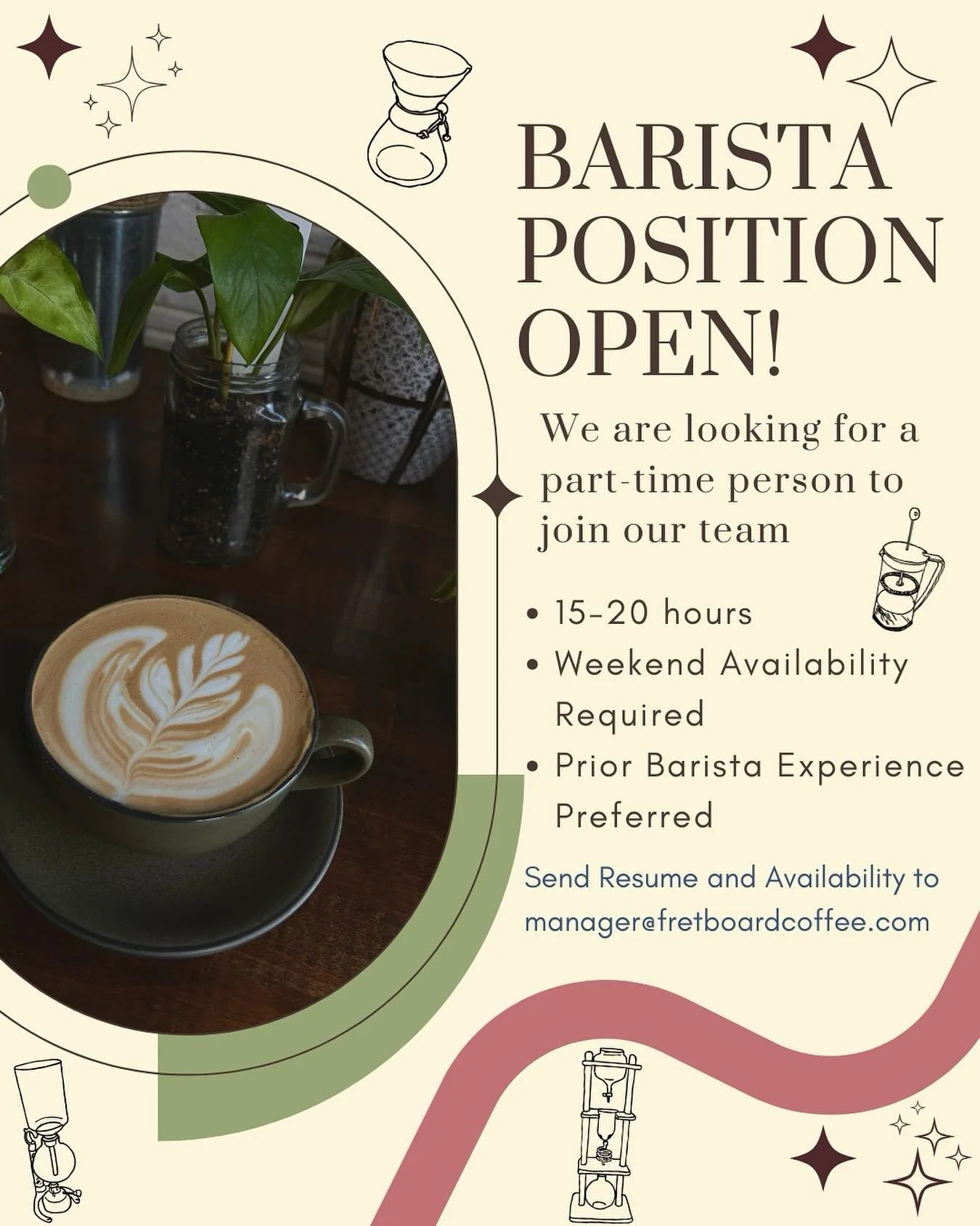 Calling all Baristas/Fretboard fans! We are looking to add a new addition to our team, and would love to consider you! Drop an email to manager@fretboardcoffee.com if you are interested and meet the prerequisites ☕️✨