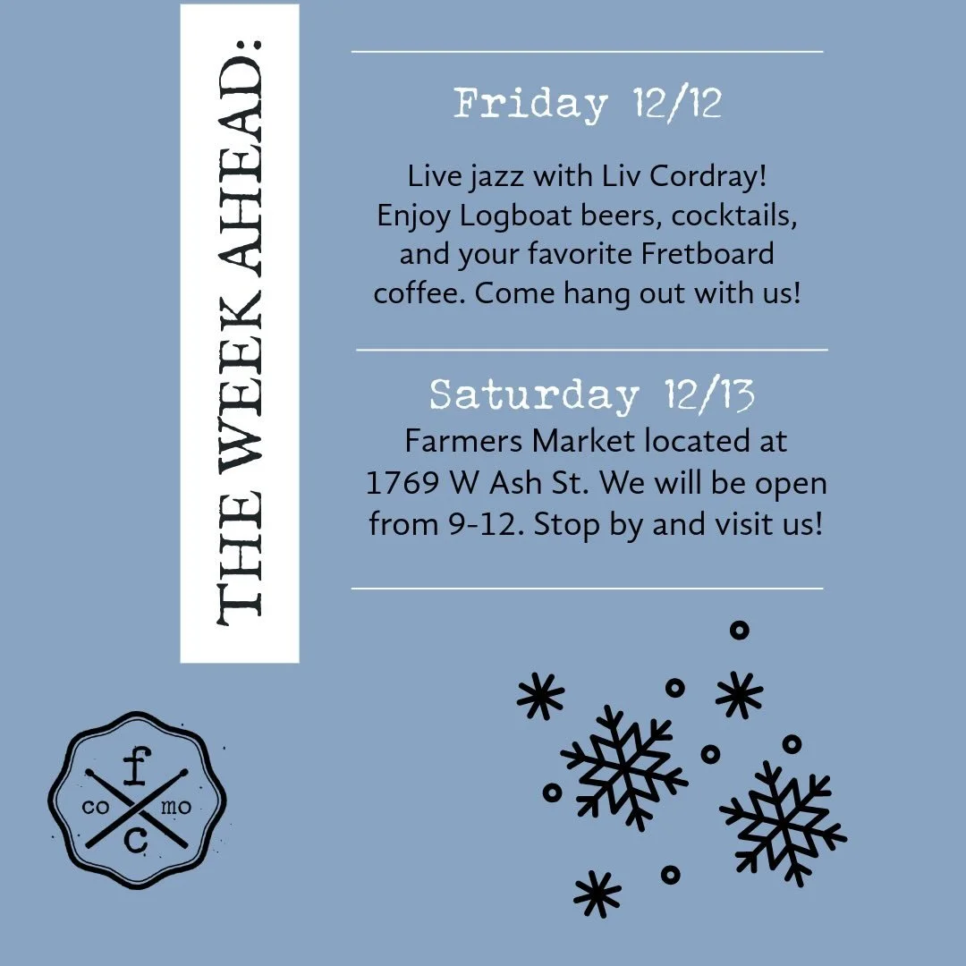 Here&rsquo;s what&rsquo;s happening this week at Fretboard! Join us for live jazz Friday and catch us at the Farmers Market on Saturday.