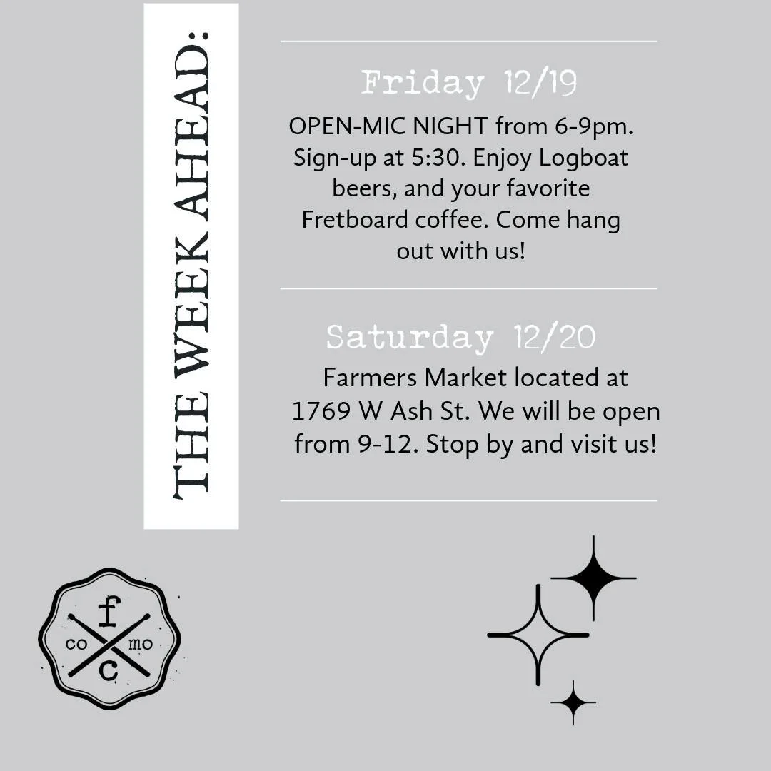 Open Mic Night is back &mdash; come sip, listen, or jump on the mic.
Catch us again at the Farmers Market with the coffee truck serving espresso all morning.