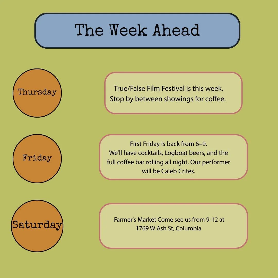 Big week ahead at Fretboard.

True/False Film Festival is in town &mdash; swing by between showings for coffee.

First Friday is 6&ndash;9 with drinks and live music.

And we&rsquo;ll be at the Farmers Market this Saturday serving up your favorites.
