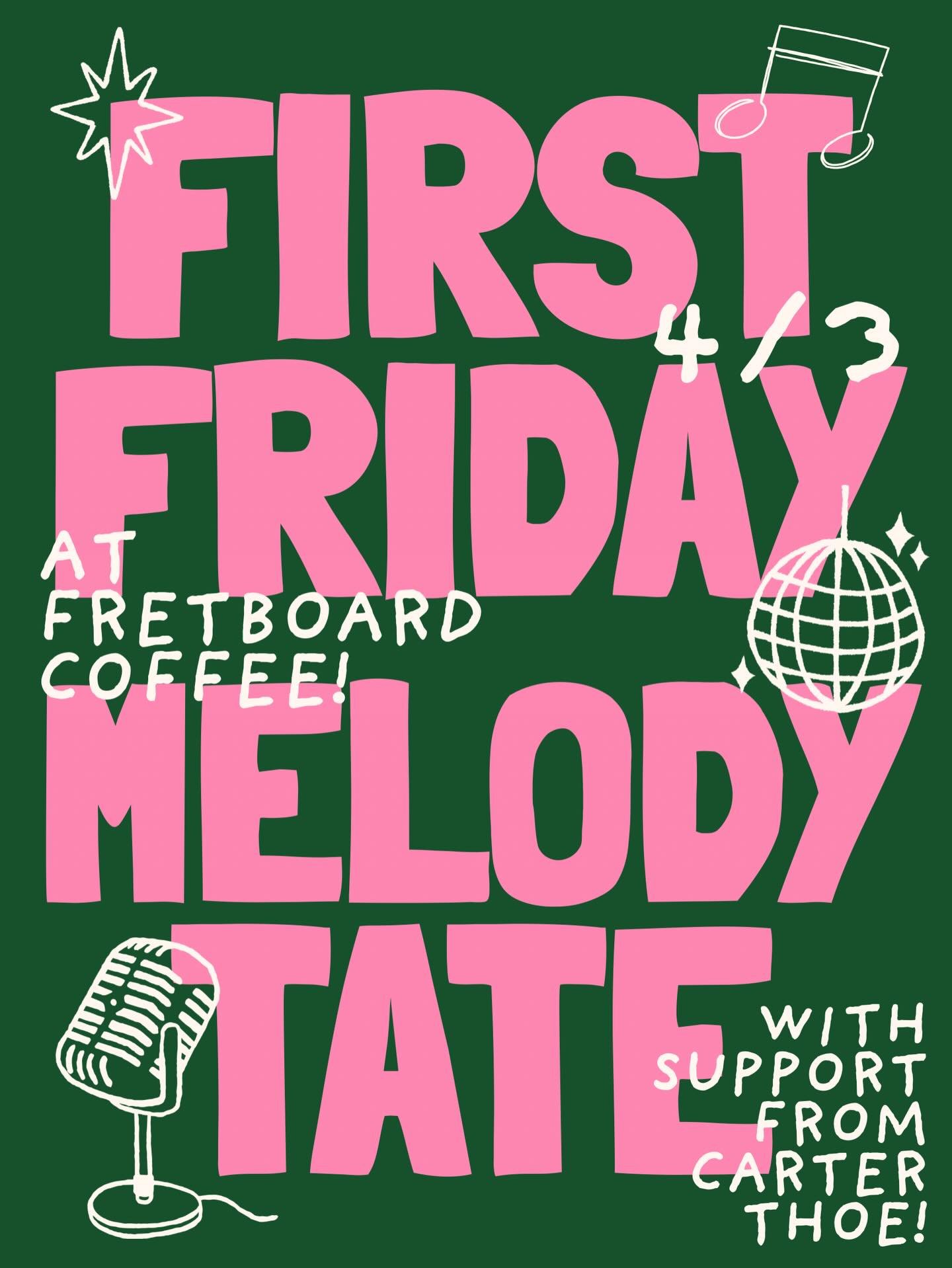 First Friday is next week ✨Live performance by Melody Tate from 6&ndash;9 🎶

Logboat beers, coffee, and cocktails all night &mdash; come hang with us.