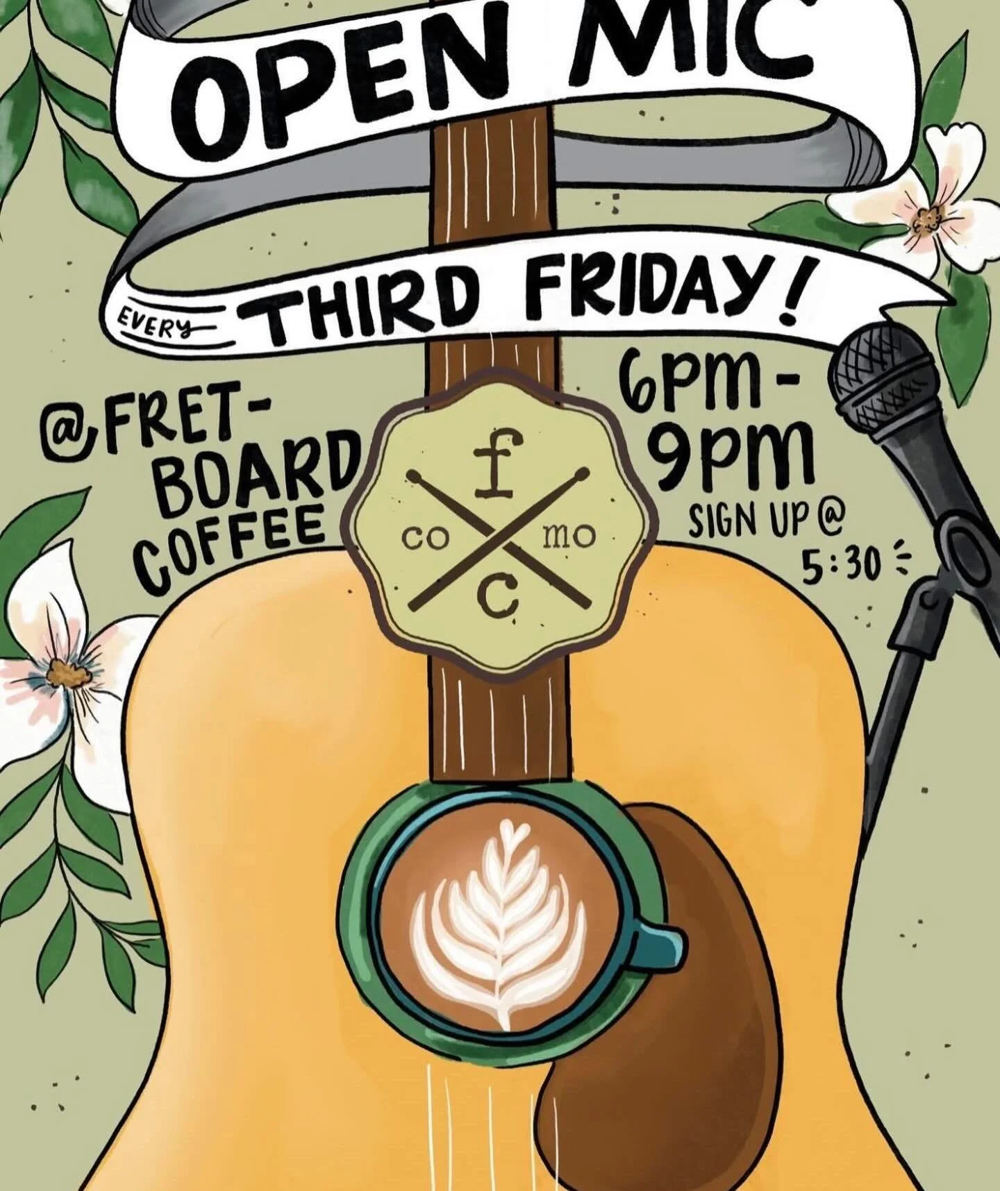 Open Mic Night this Friday from 6&ndash;9pm 🎤
Sign-up starts at 5:30pm
Full coffee bar, cocktails, and Logboat beers available.